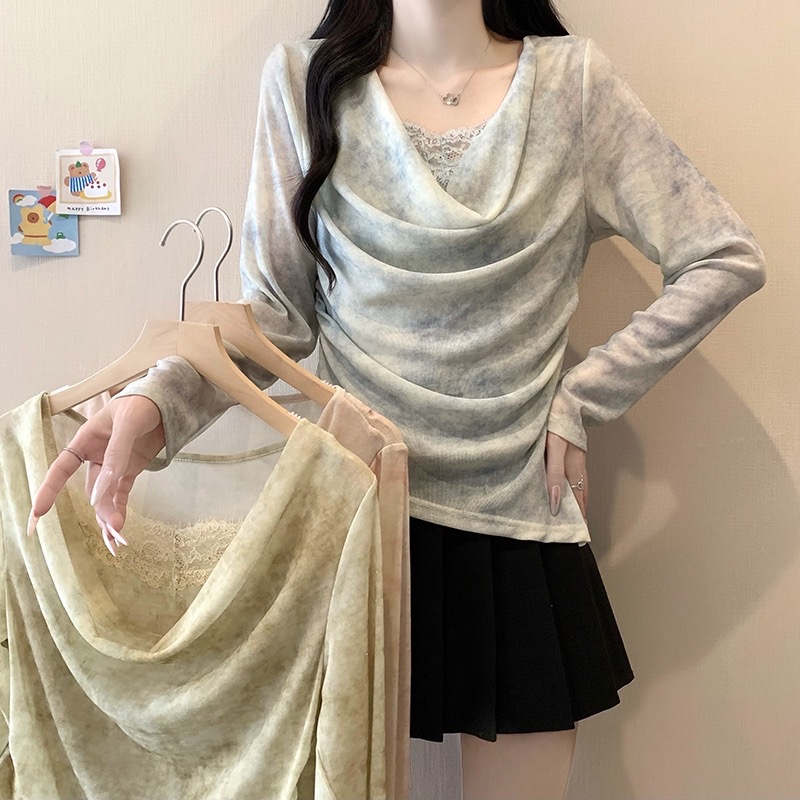 B118(3989) 韩系纯欲风晕染雪纺假两件里拼蕾丝边荡领褶皱3色上衣 