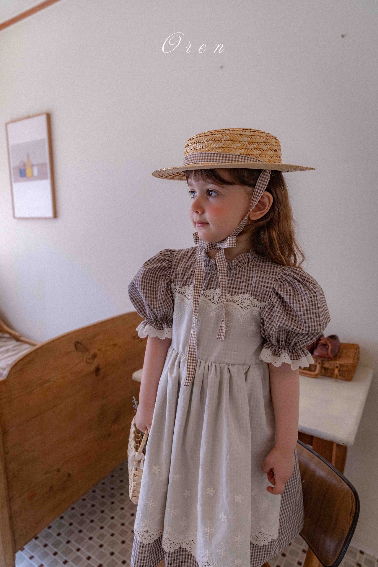 ☀️預訂 韓國直送☀️🇰🇷Oren Zegna蕾絲圍裙格紋短袖連身裙