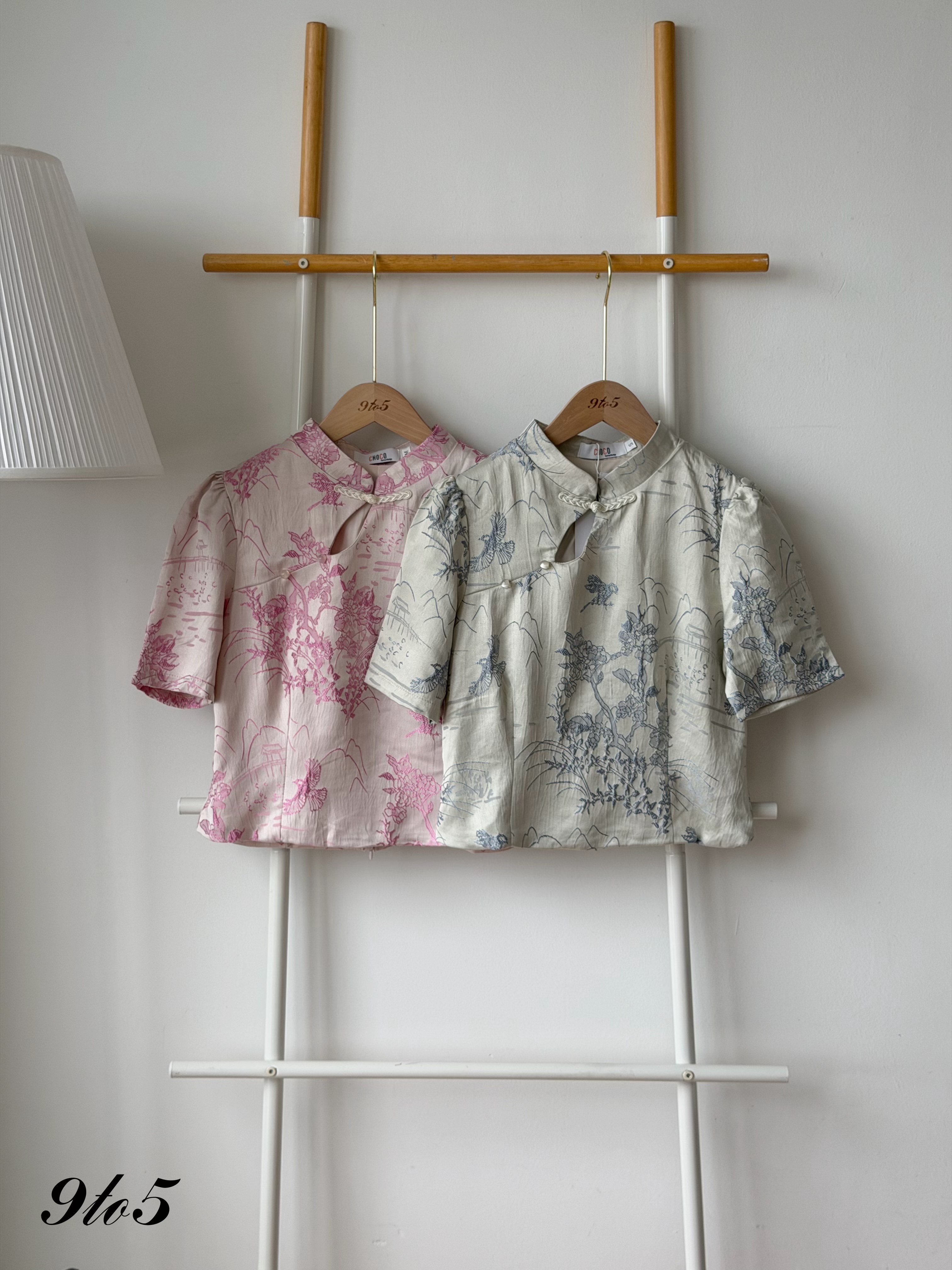 T4469 CNY Embroidery Floral Crop Top - Blue & Pink