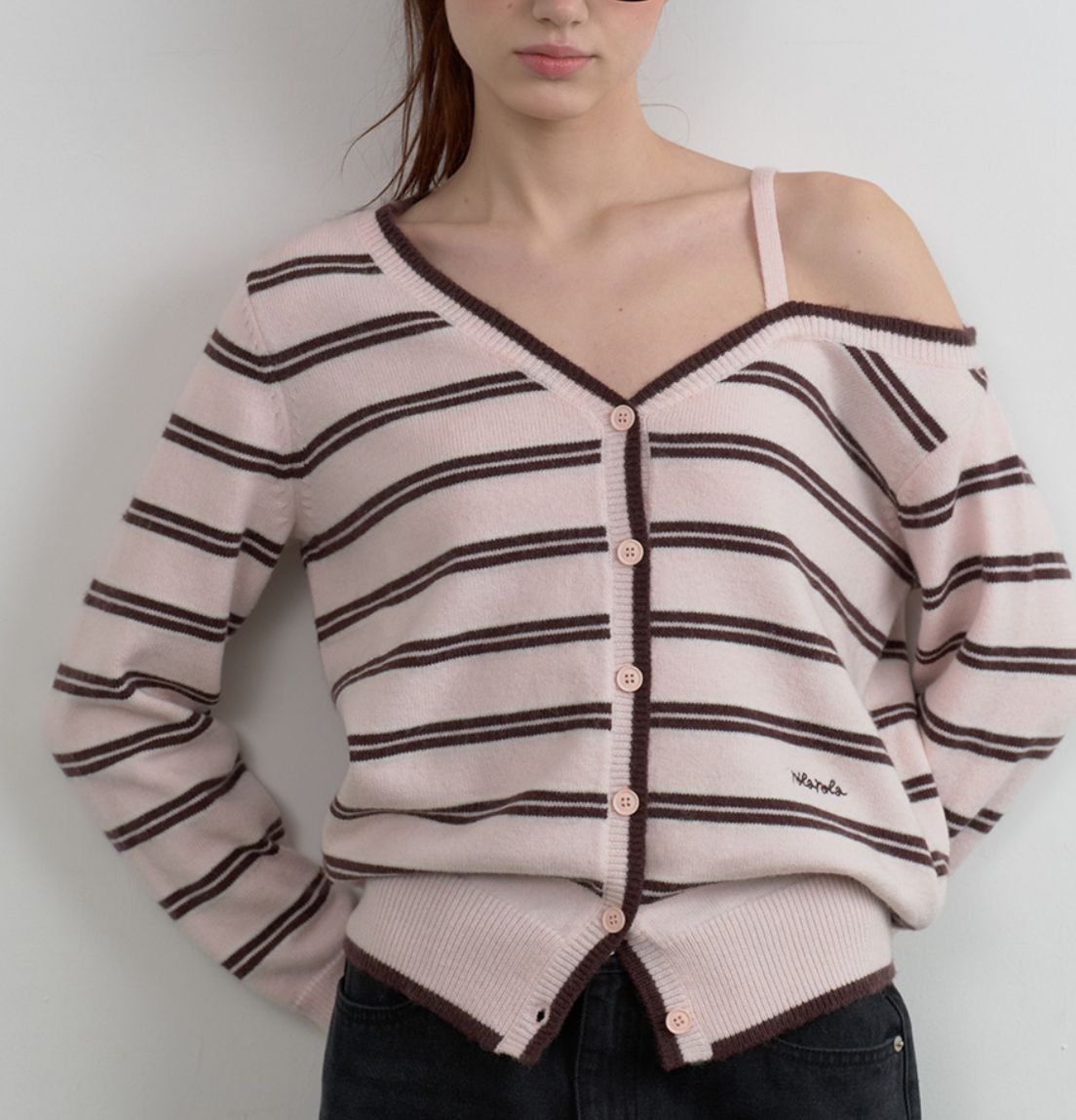 🎀Rolarola 🎀 ONE OFF SHOULDER 橫間cardigan 獨家折扣優惠 size: s/m Pink/white 28/3截單