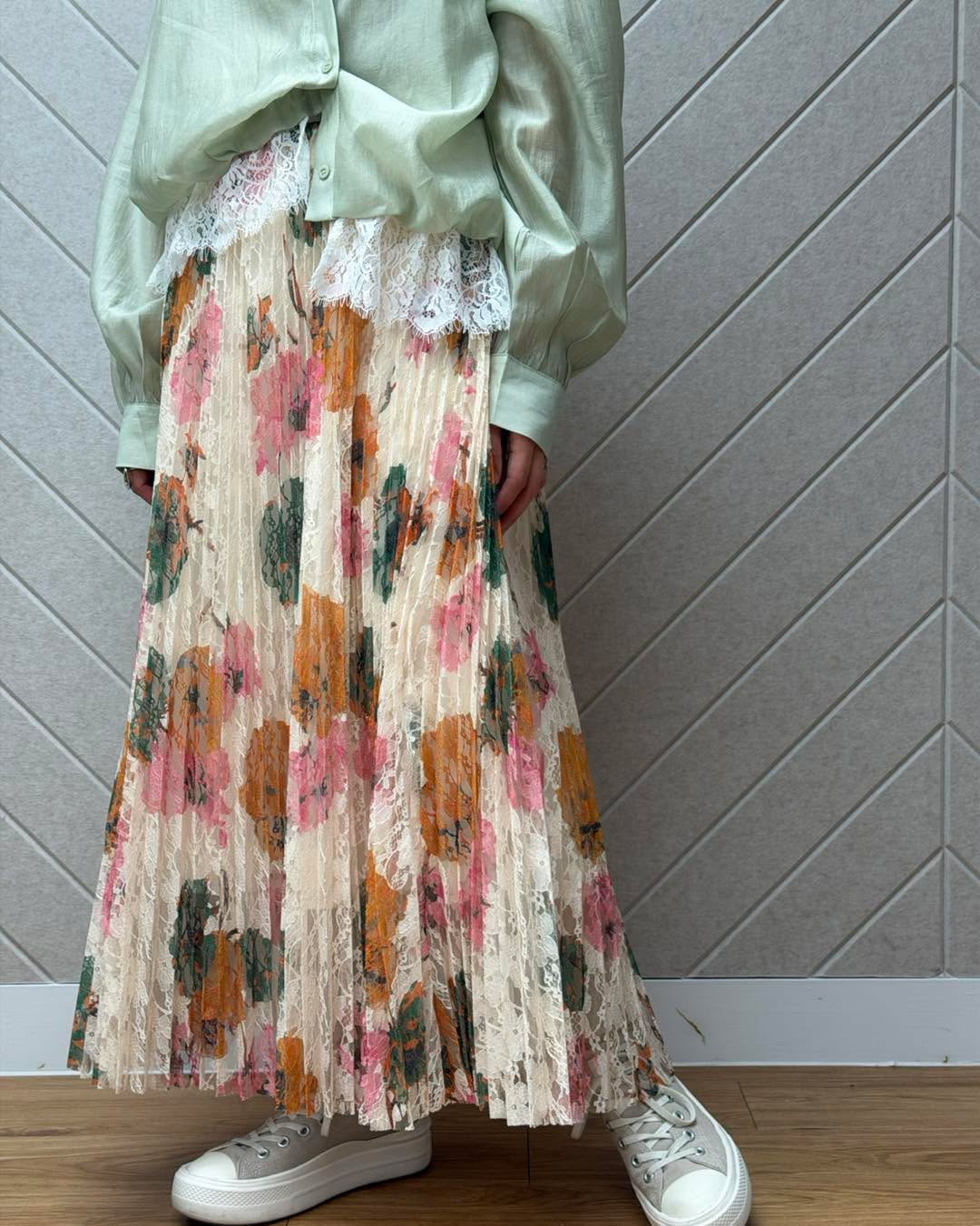 lace印花壓褶裙