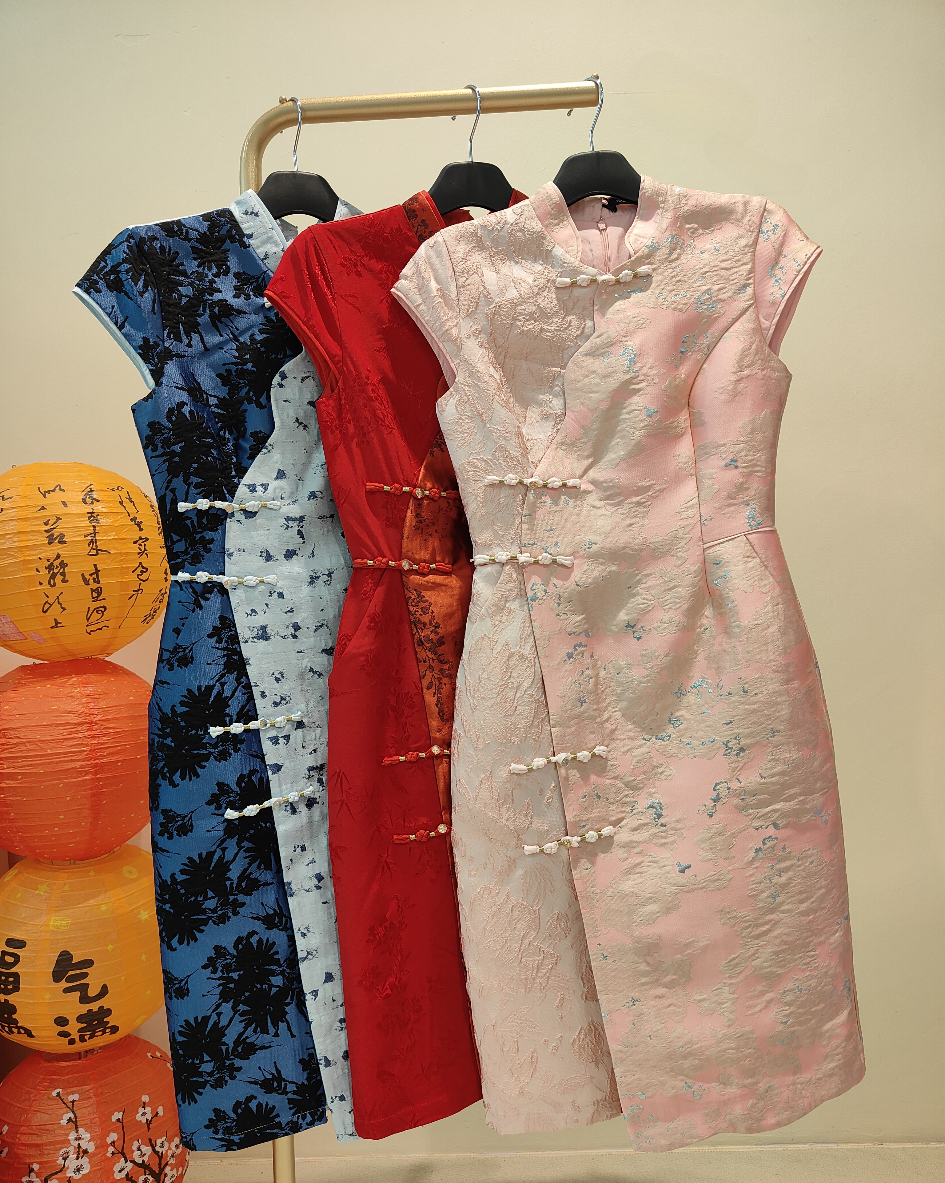 双色旗袍连身裙 红色2126