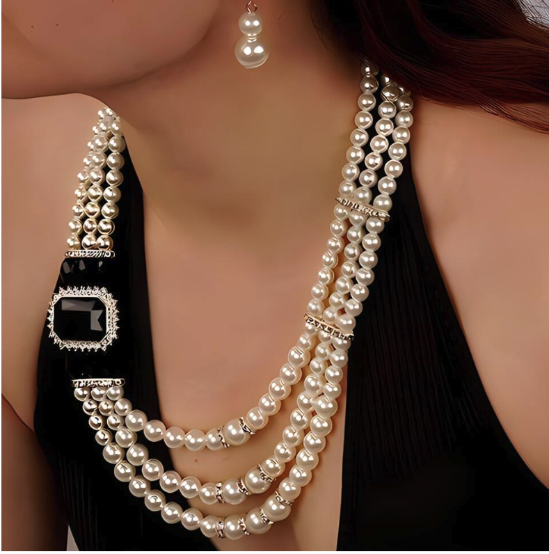 Regal Pearls with black acrylic gem with faux pearl earrings