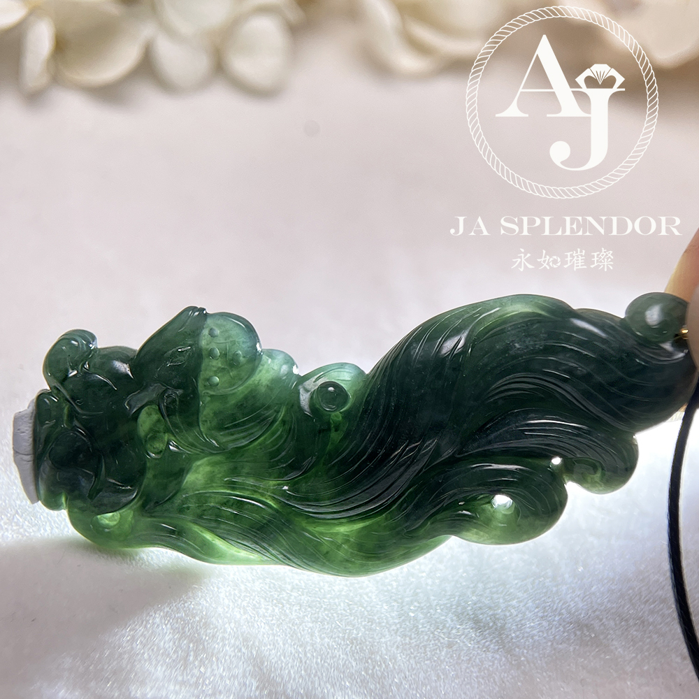 JNK-137 天然翡翠A玉 老藍水18K福壽雙全九尾狐吊墜 (法師加持)