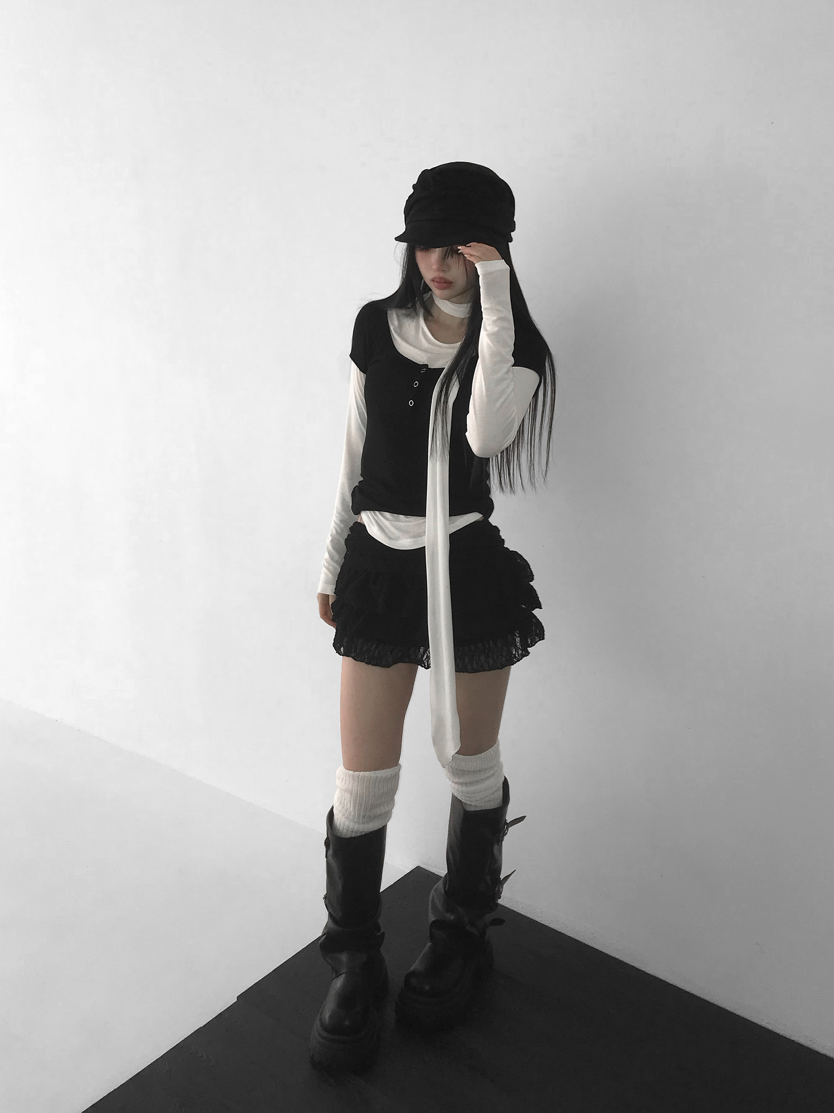 Ruched Button Long Sleeve with Scarf Tie