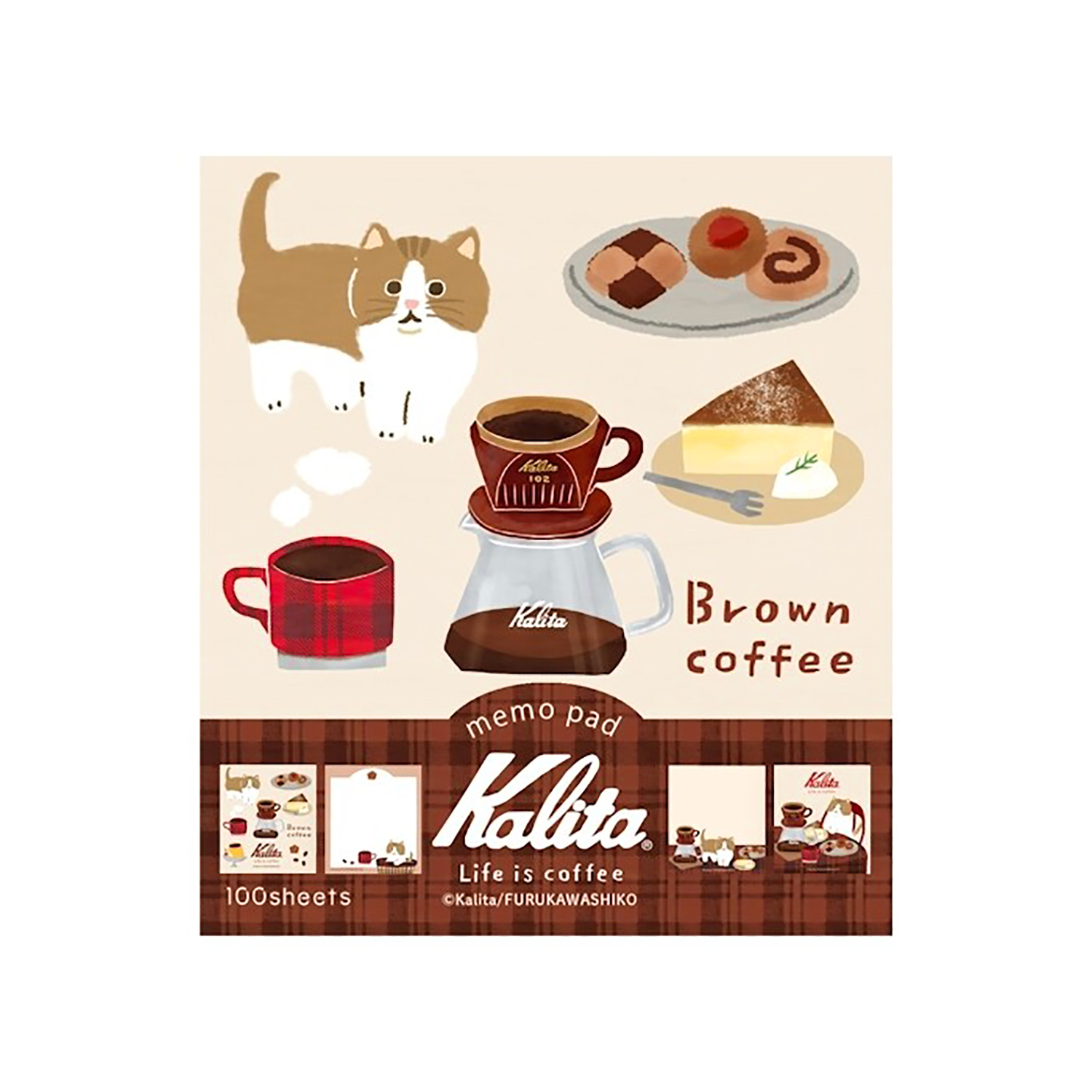 古川紙工 - 方形記事本 (米色啡白貓咖啡款)