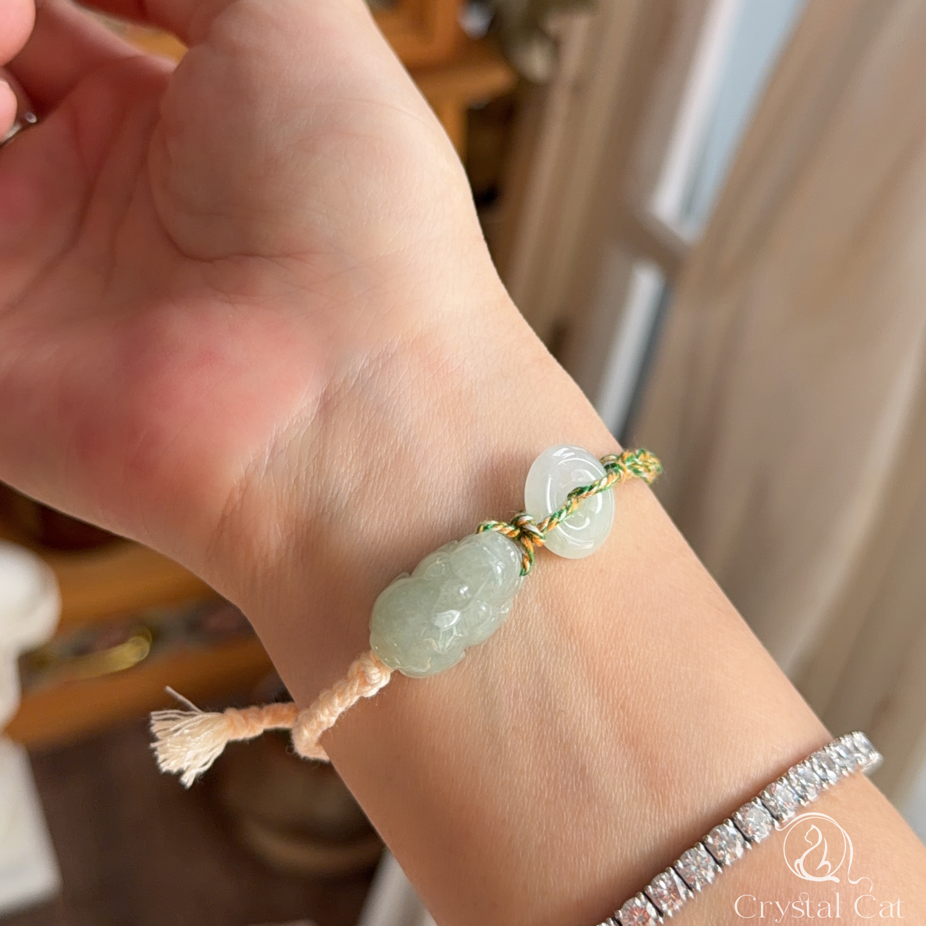 天然翡翠貔貅+平安扣襯手绳