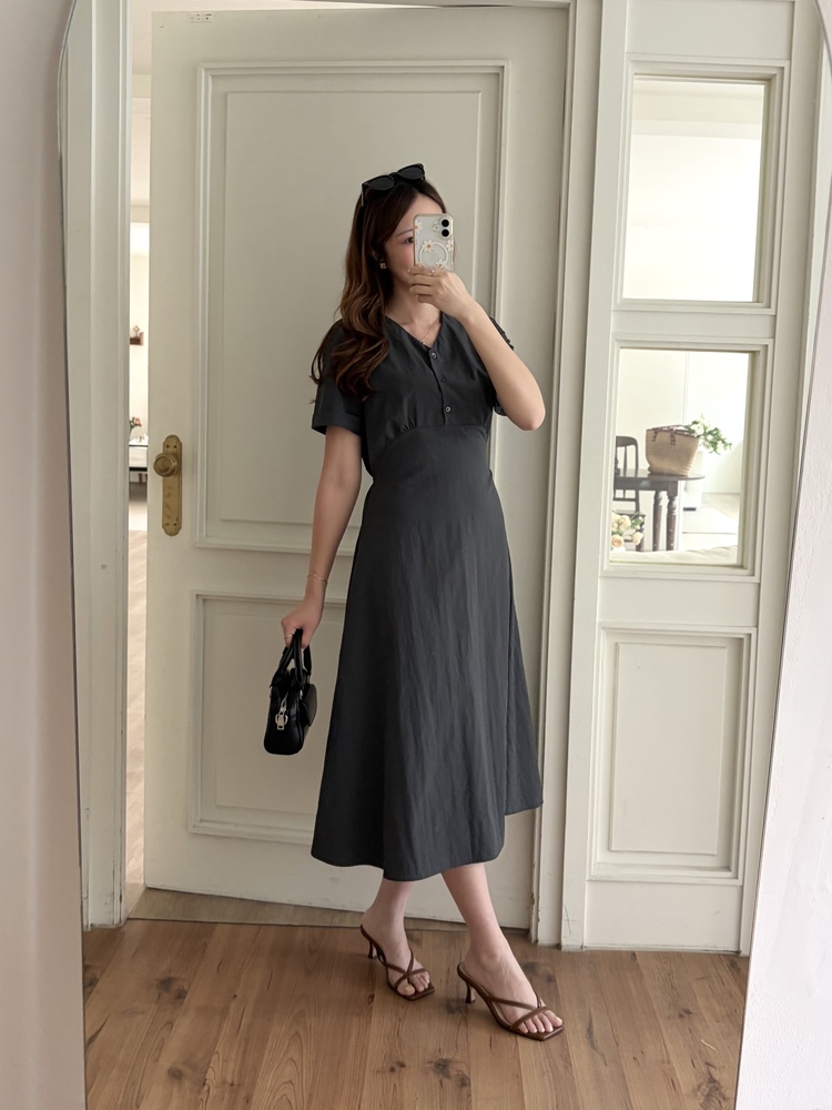 Evie Front Button Dress (Charcoal)