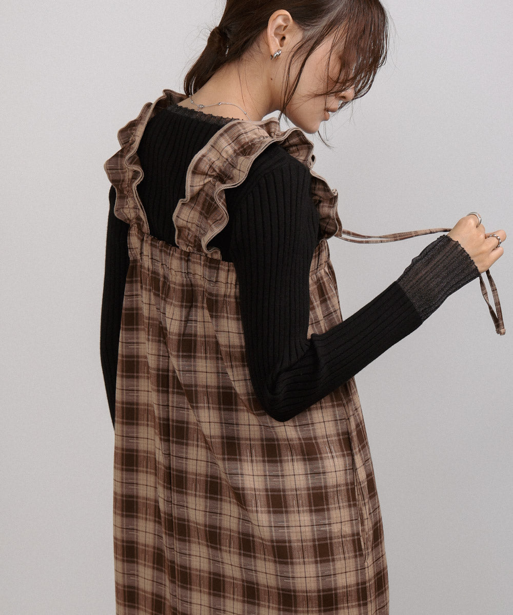 <限量現貨> 木耳邊粗肩束帶格紋OPS - brown 