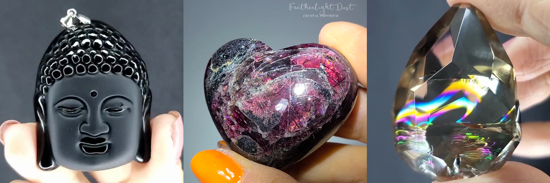 Black obsidian Buddha, Almandine garnet heart, and smoky quartz with rainbows.