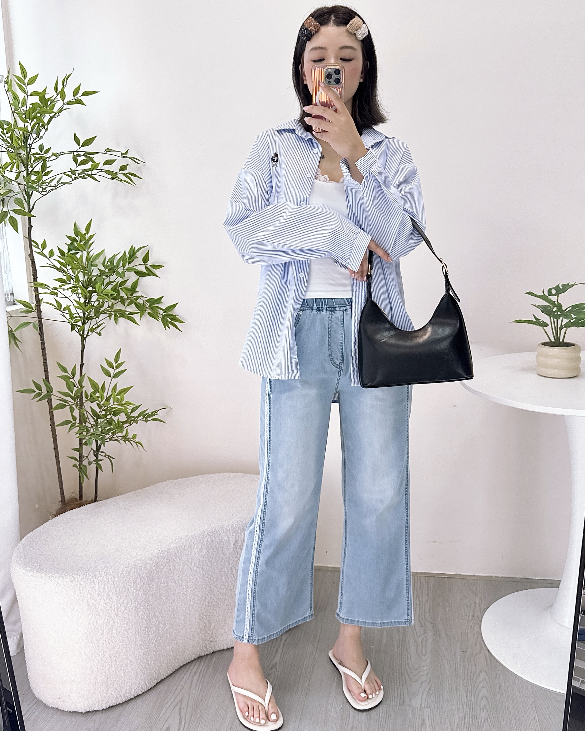 夏天超顯白淺藍通花邊九分直腳牛