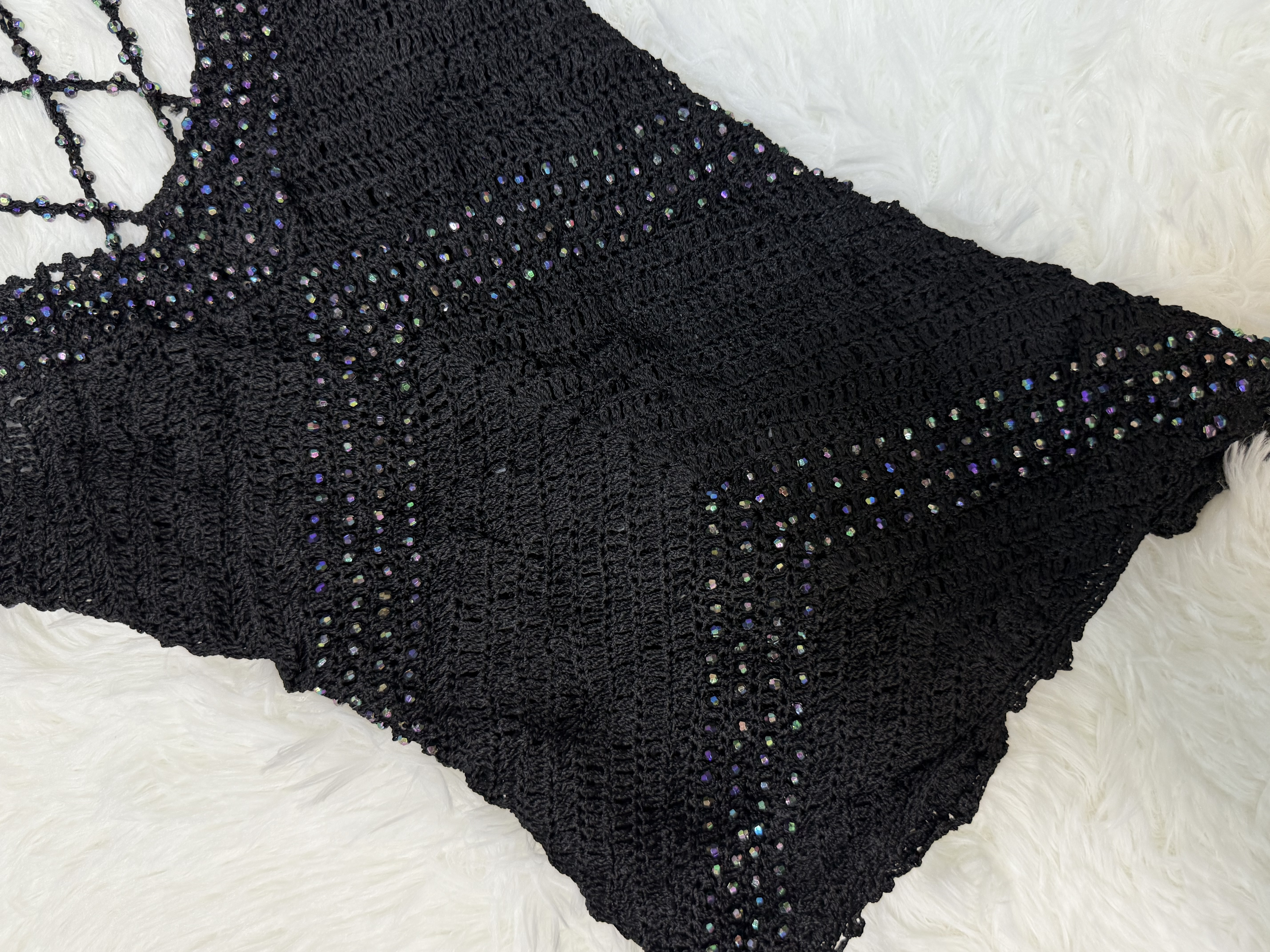 Black Rainbow Beaded Crochet Details Vest