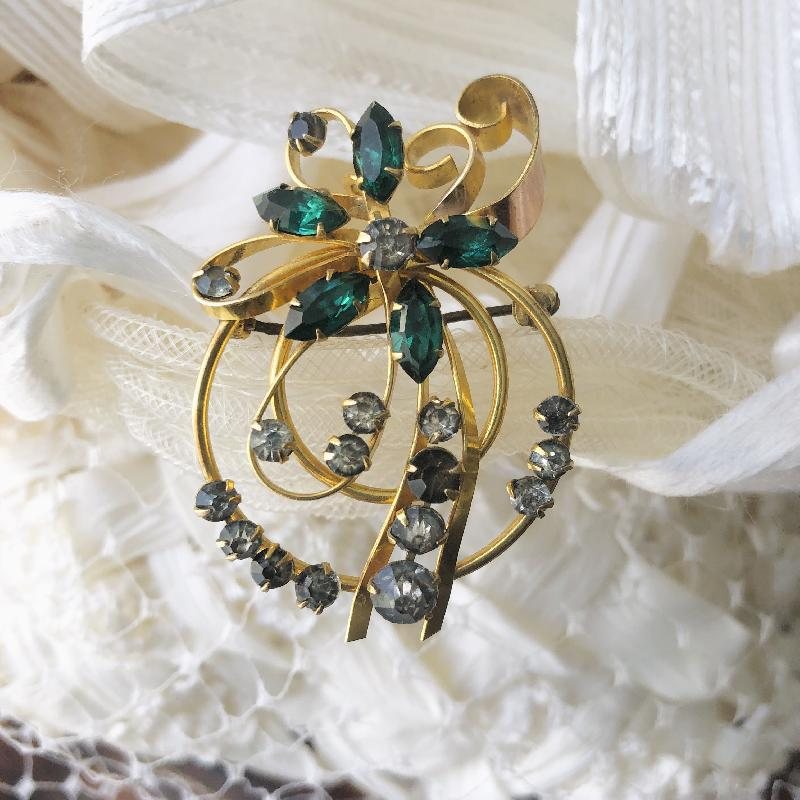 C.a. 1940s "Rainbow" Gold Filled Emerald Rhinestone Two-Way Pendant/Brooch(MT844)