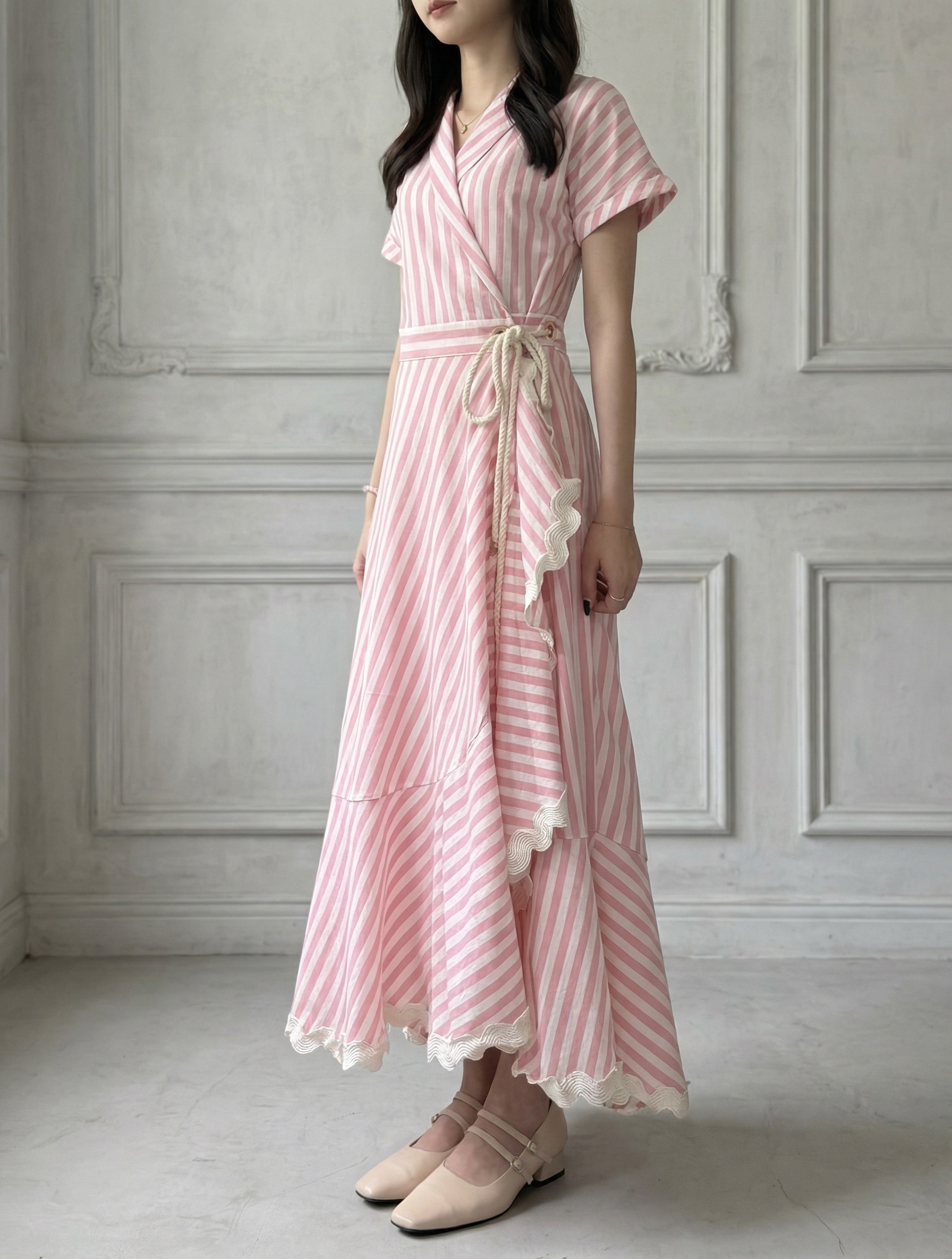 條紋裹身連衣裙
