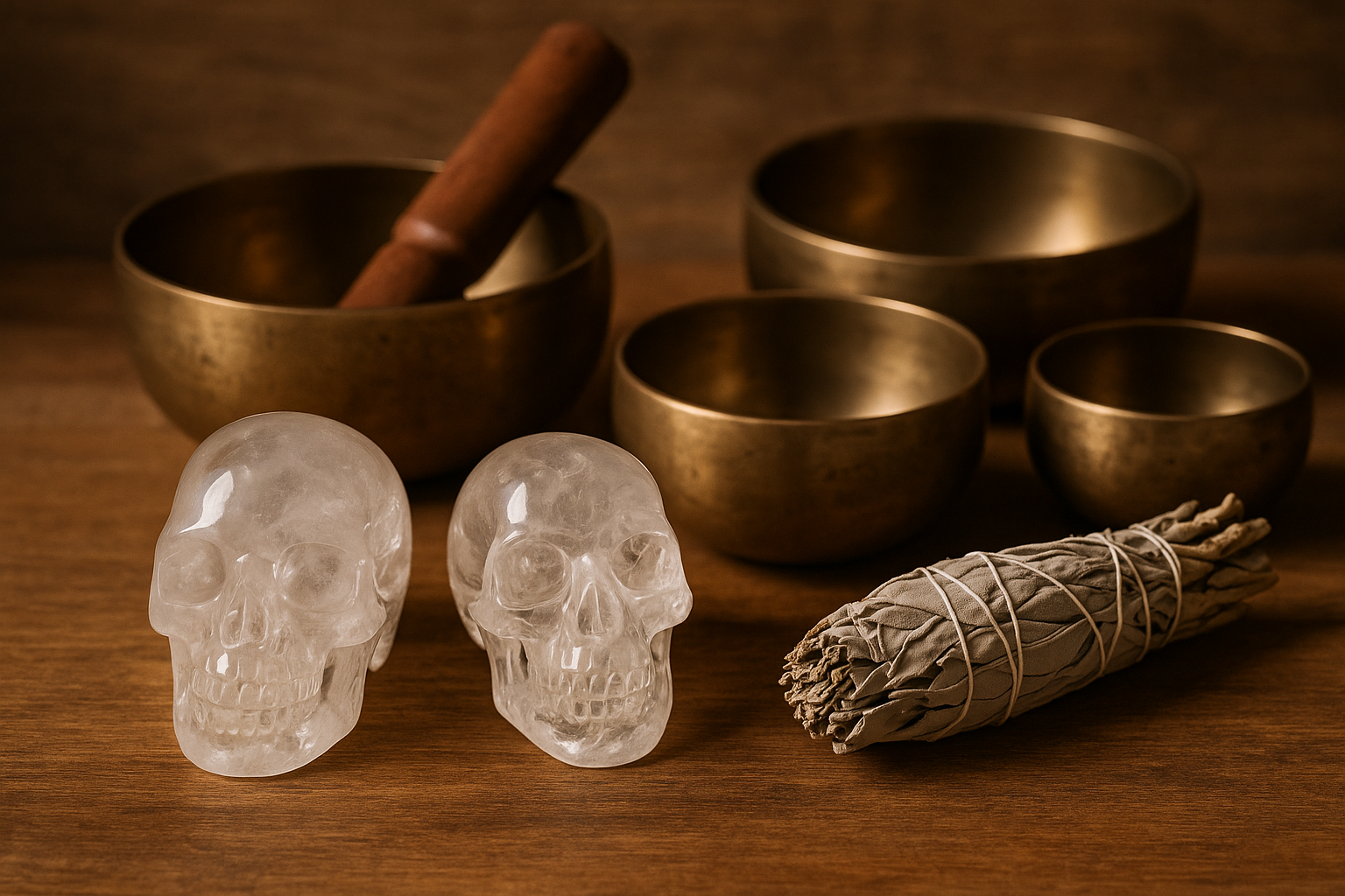 Crystal skulls next to singing bowls and white sage.
