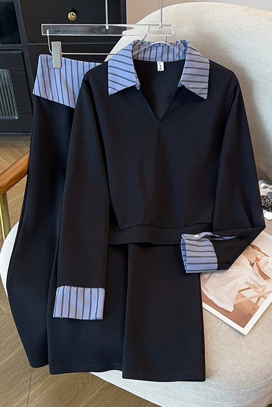 B21(6108长) 长款韩系减龄拼接撞色条纹翻领袖边上衣与条纹折角边短裙蓝套装