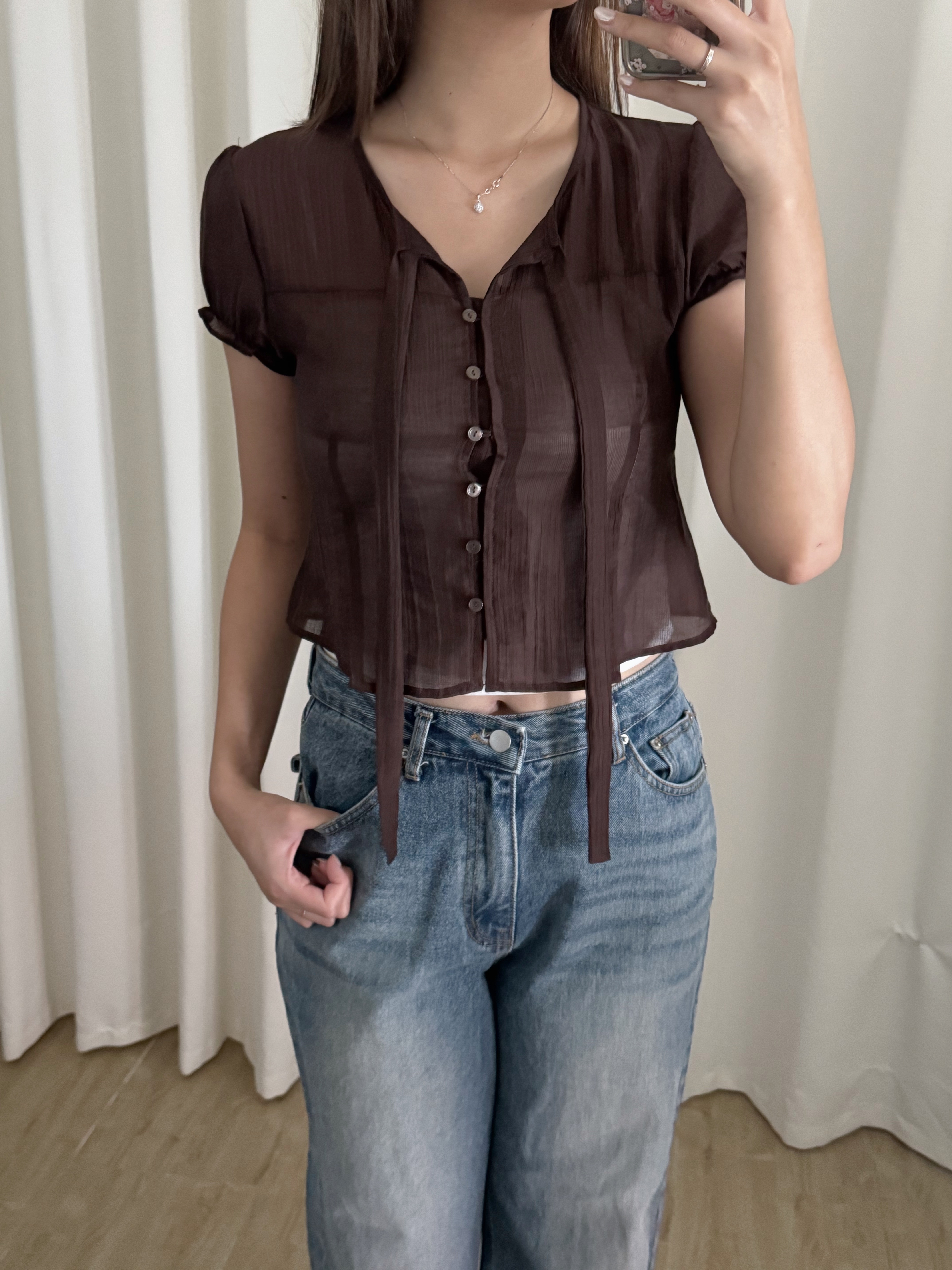 透薄綁帶微公主袖短袖上衣(三色入)