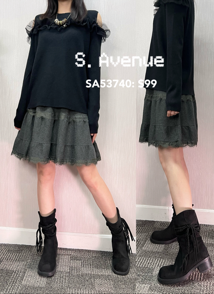 SA53740: 橡筋腰拼lace A字針織裙