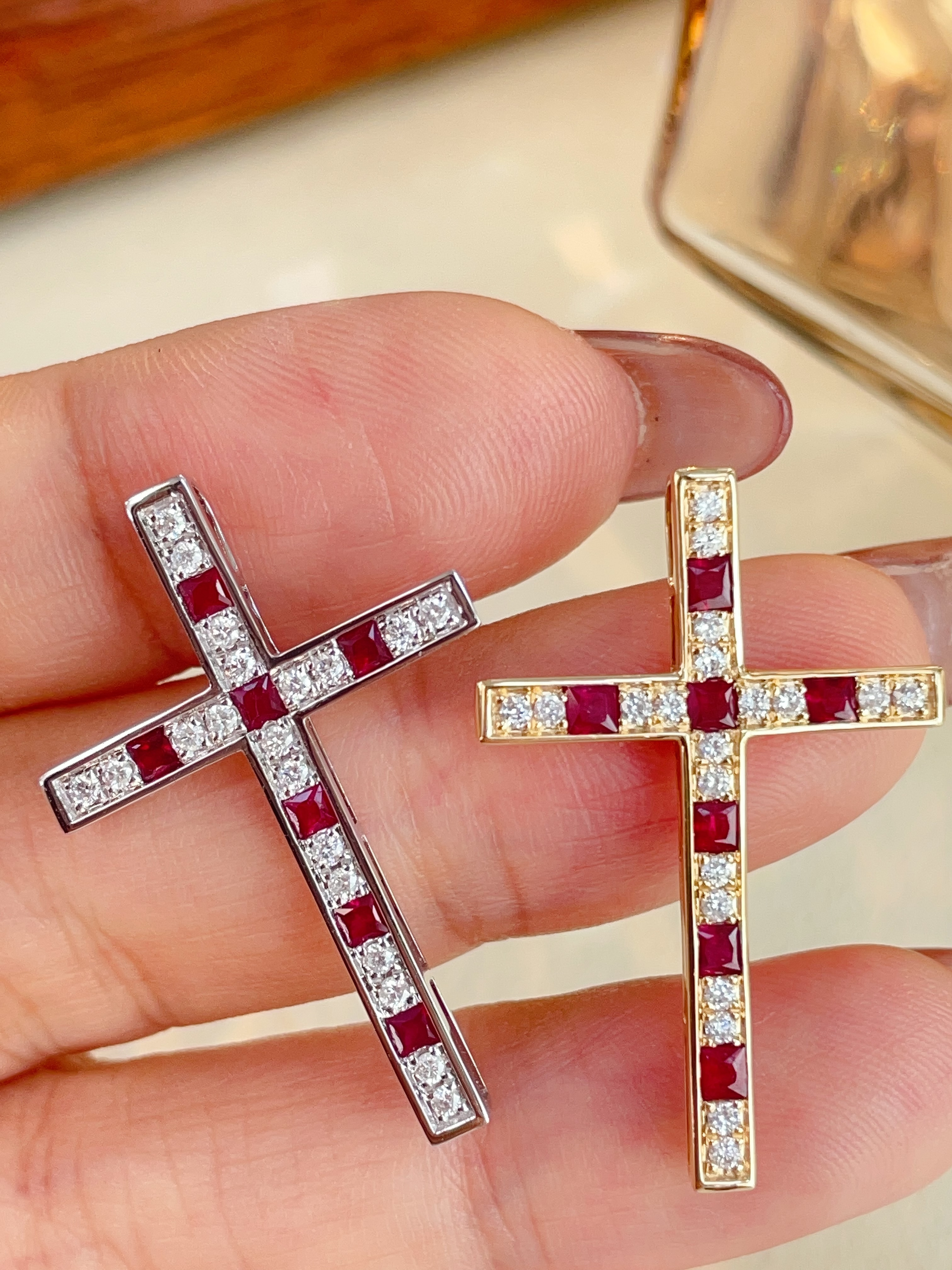 Ruby & Diamond Channel-Set Cross Pendants N031357/031356