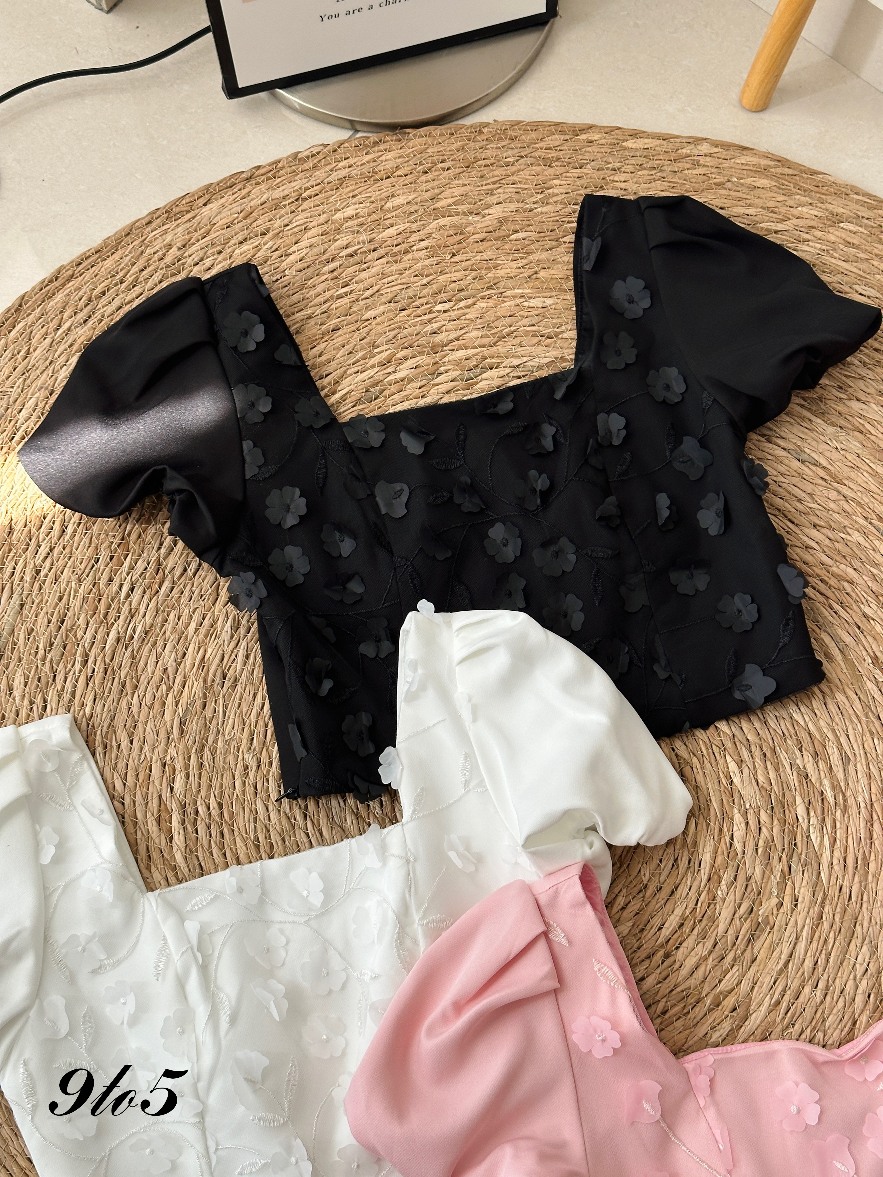 T3961 Puff Sleeve Square Neck Crop Top - 3 Colors