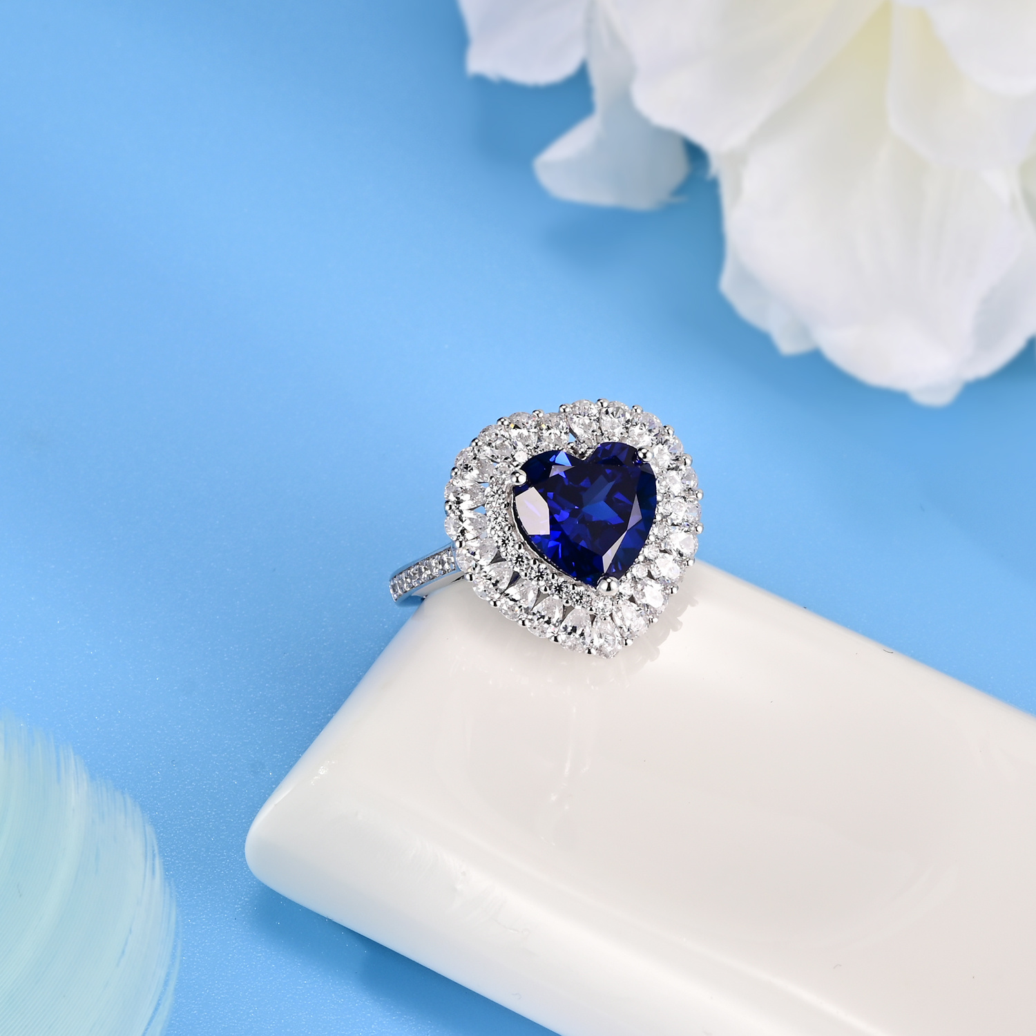 S925銀鍍18K白金心形培育彩寶戒指主石9.0mm/3.4ct