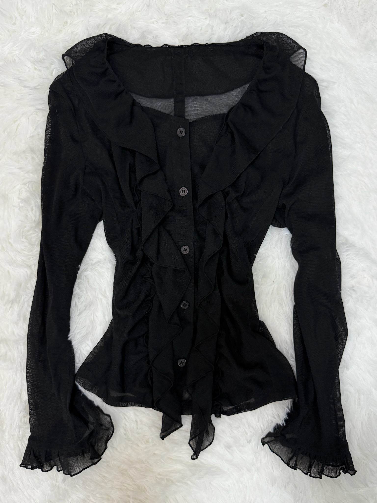 Gothic Sheer Ruffle Button-Down Blouse