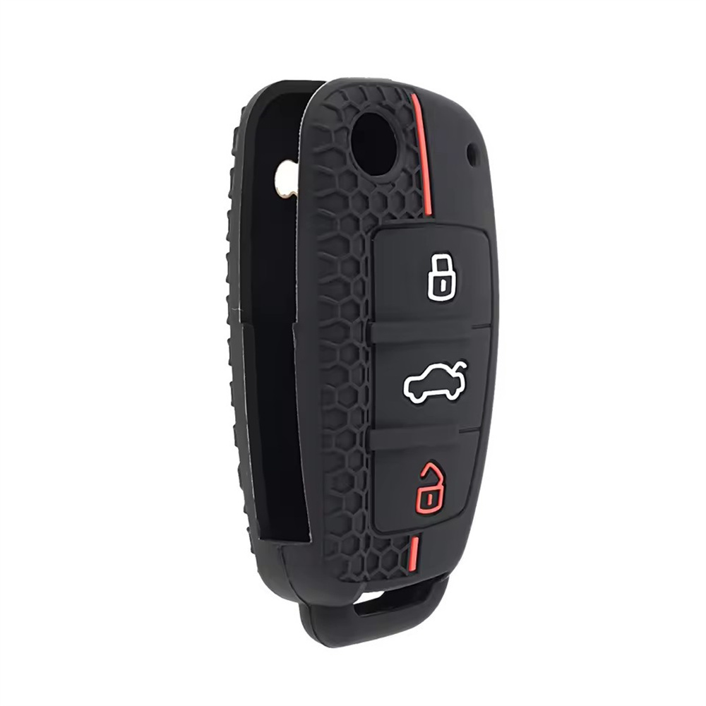 適用奧迪A3硅膠鑰匙套  黑色 折疊3鍵 蜂窩紅線 UA0542