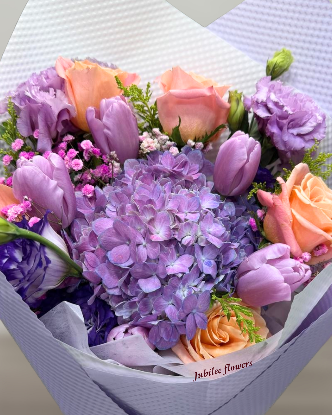 紫色繡球 鬱金香 玫瑰 花束