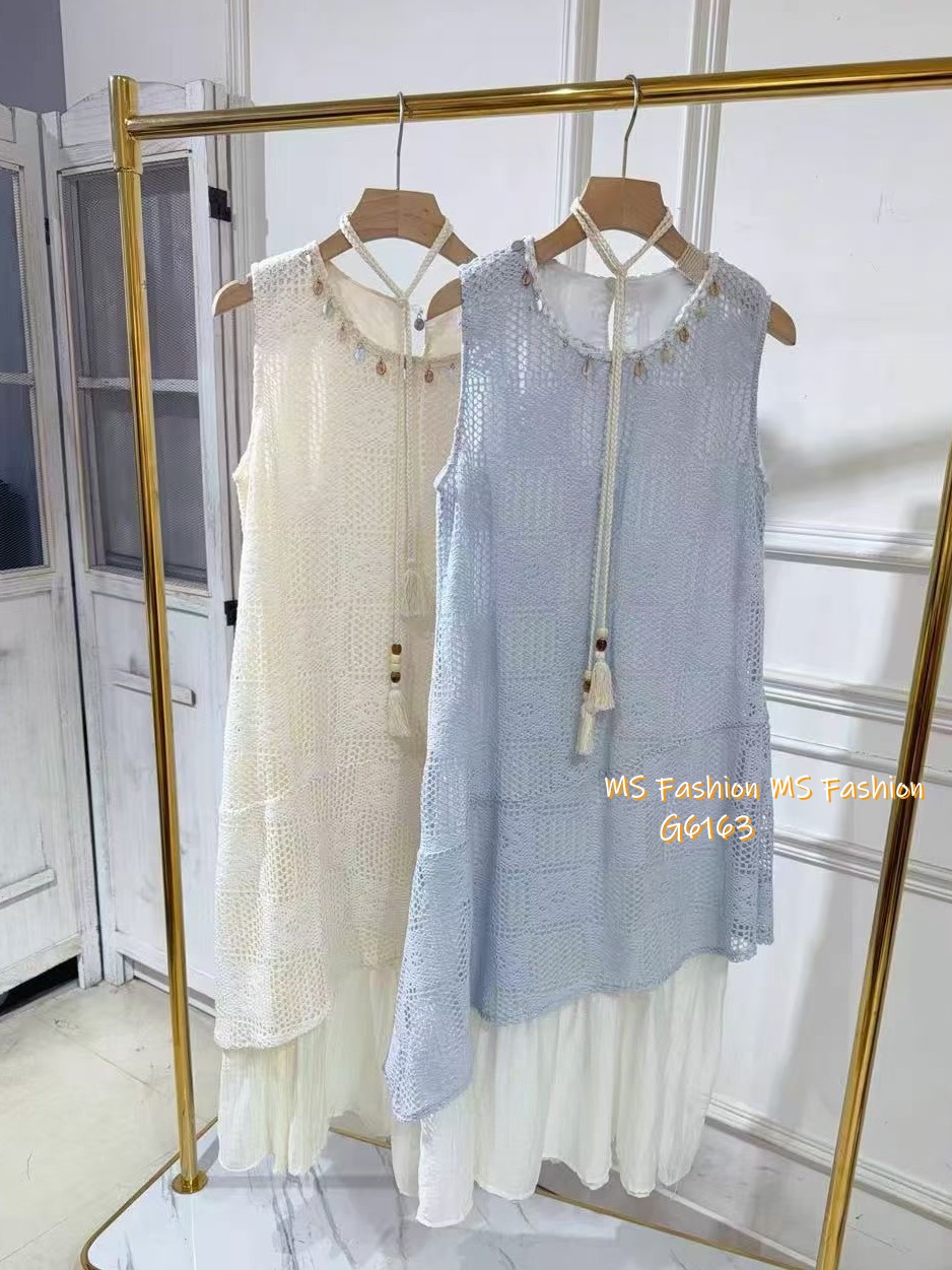 G6163 韓國🇰🇷假兩件通花背心連身裙