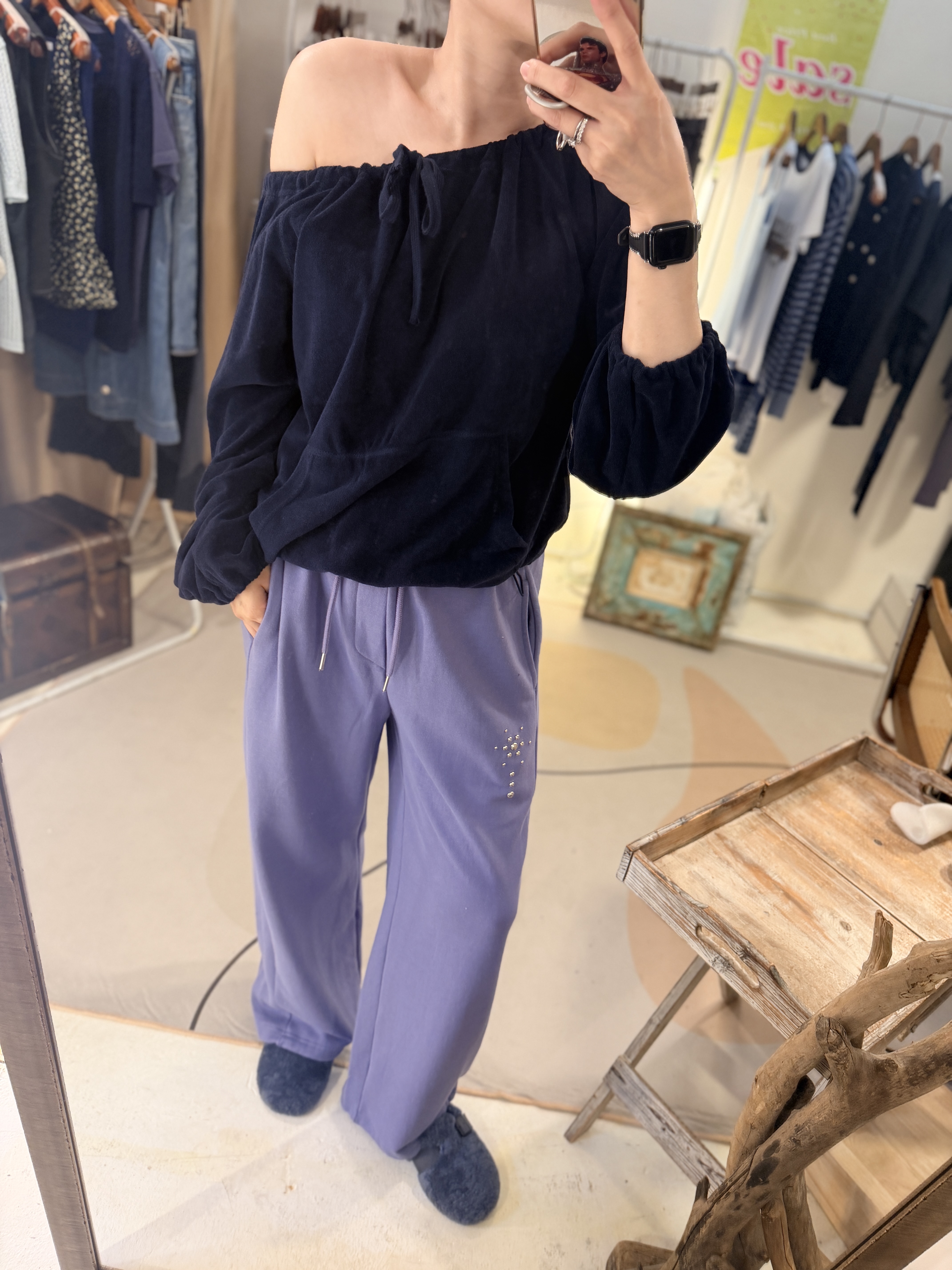 Navy towel off shoulder sweater