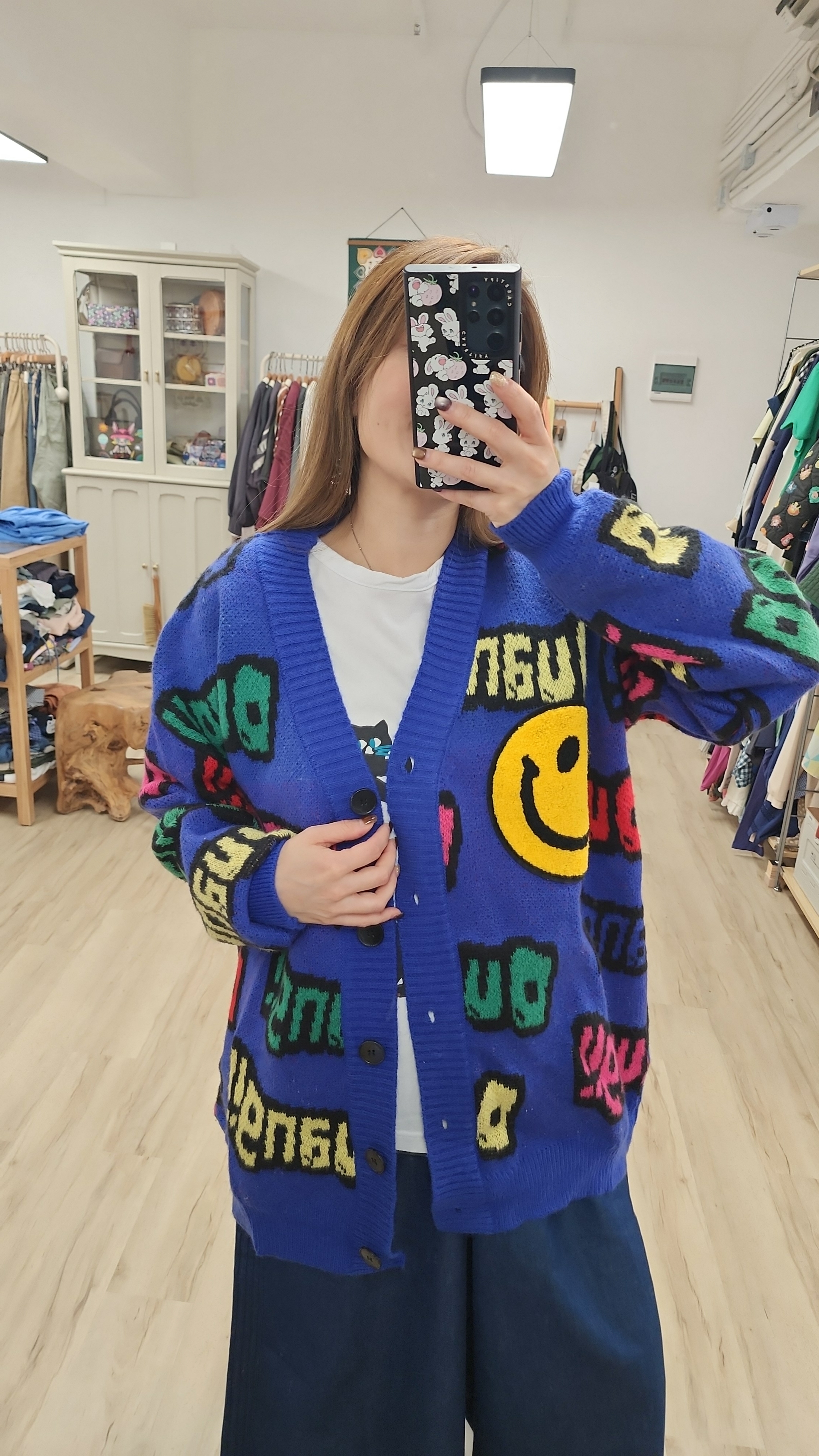 韓國藍拼彩字母哈哈笑針織外套