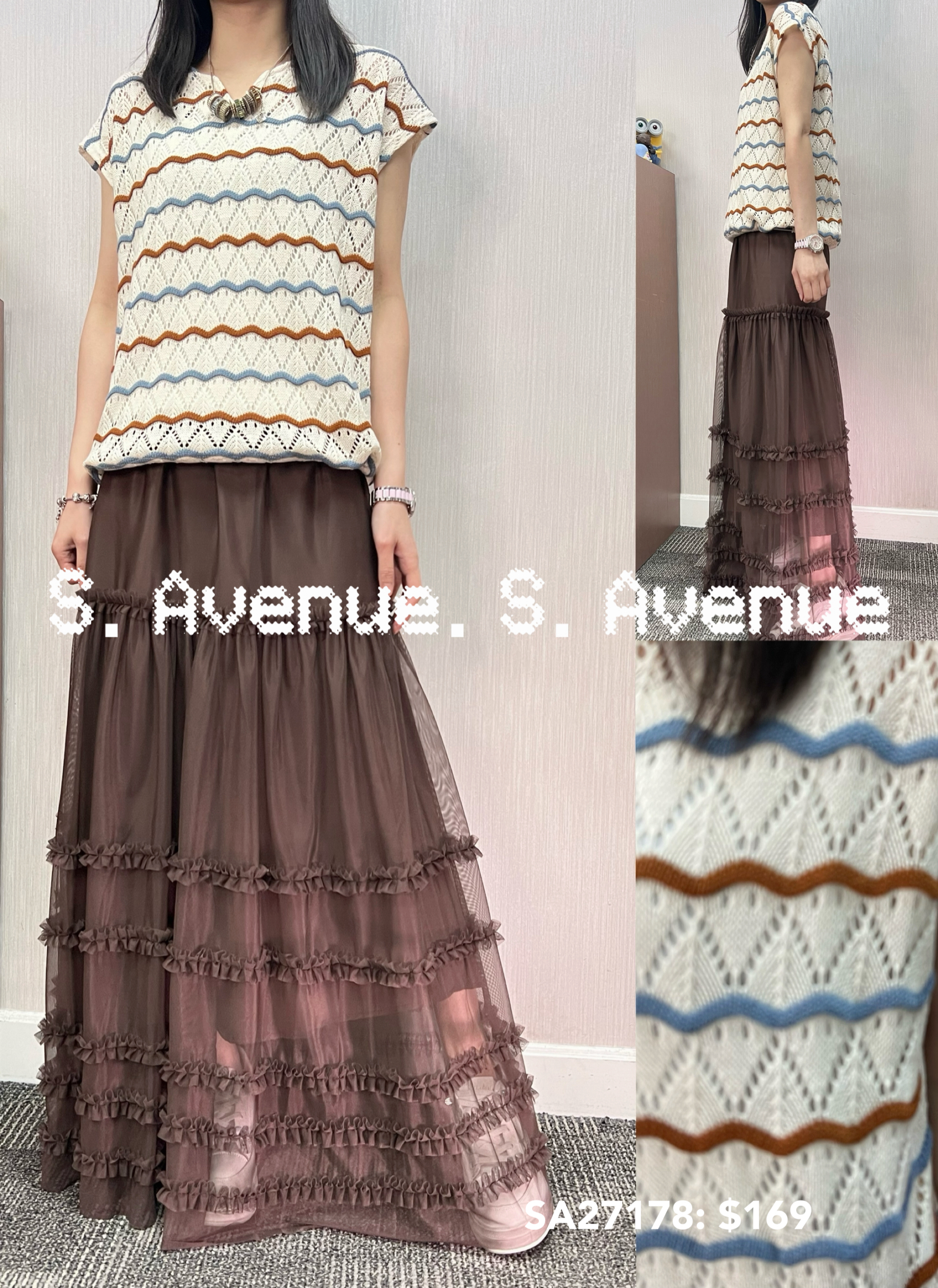 SA27178: 短袖勾織間紋top