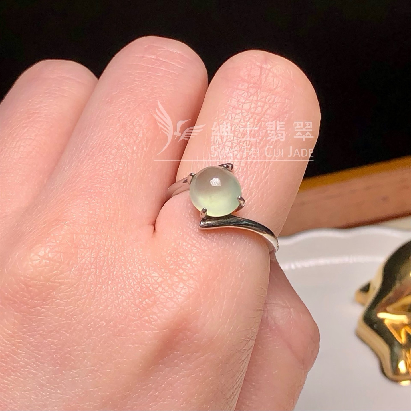晴水蛋面銀鑲開口戒 YM00131