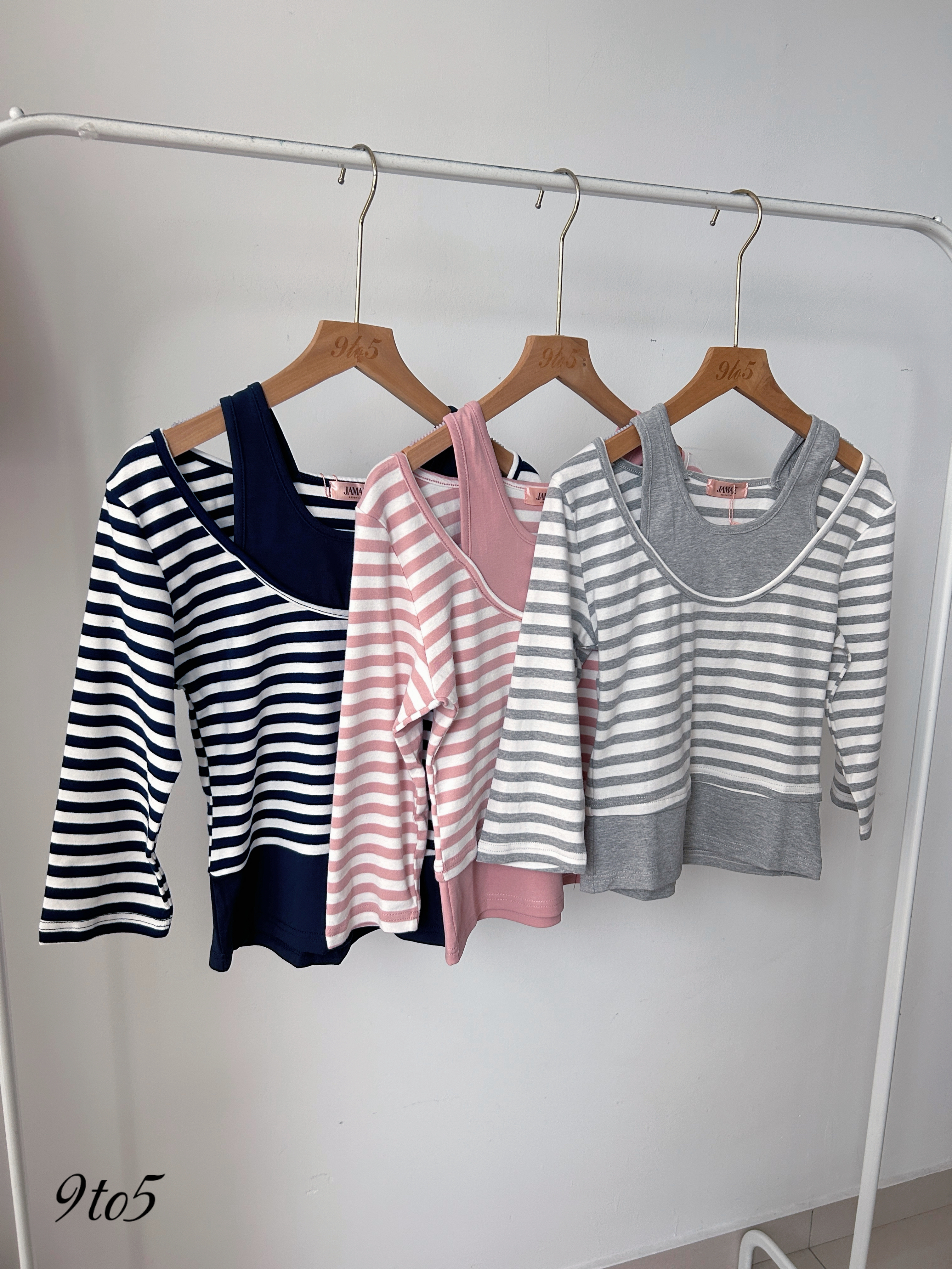 T4018 Fake 2pcs Stripes Tee - 3 Colors 