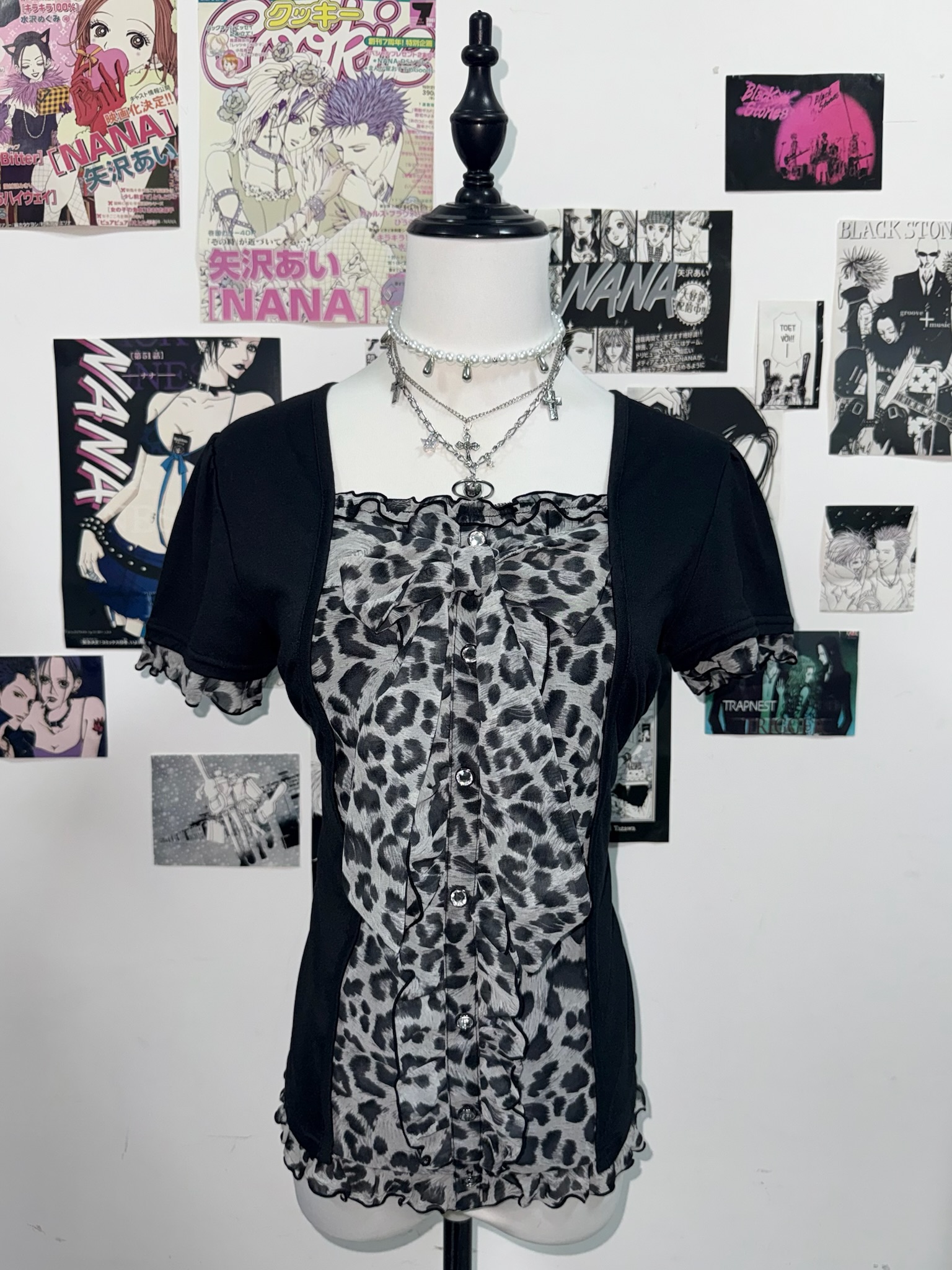 Grey Leopard Mesh Patchwork Short Sleeve Top