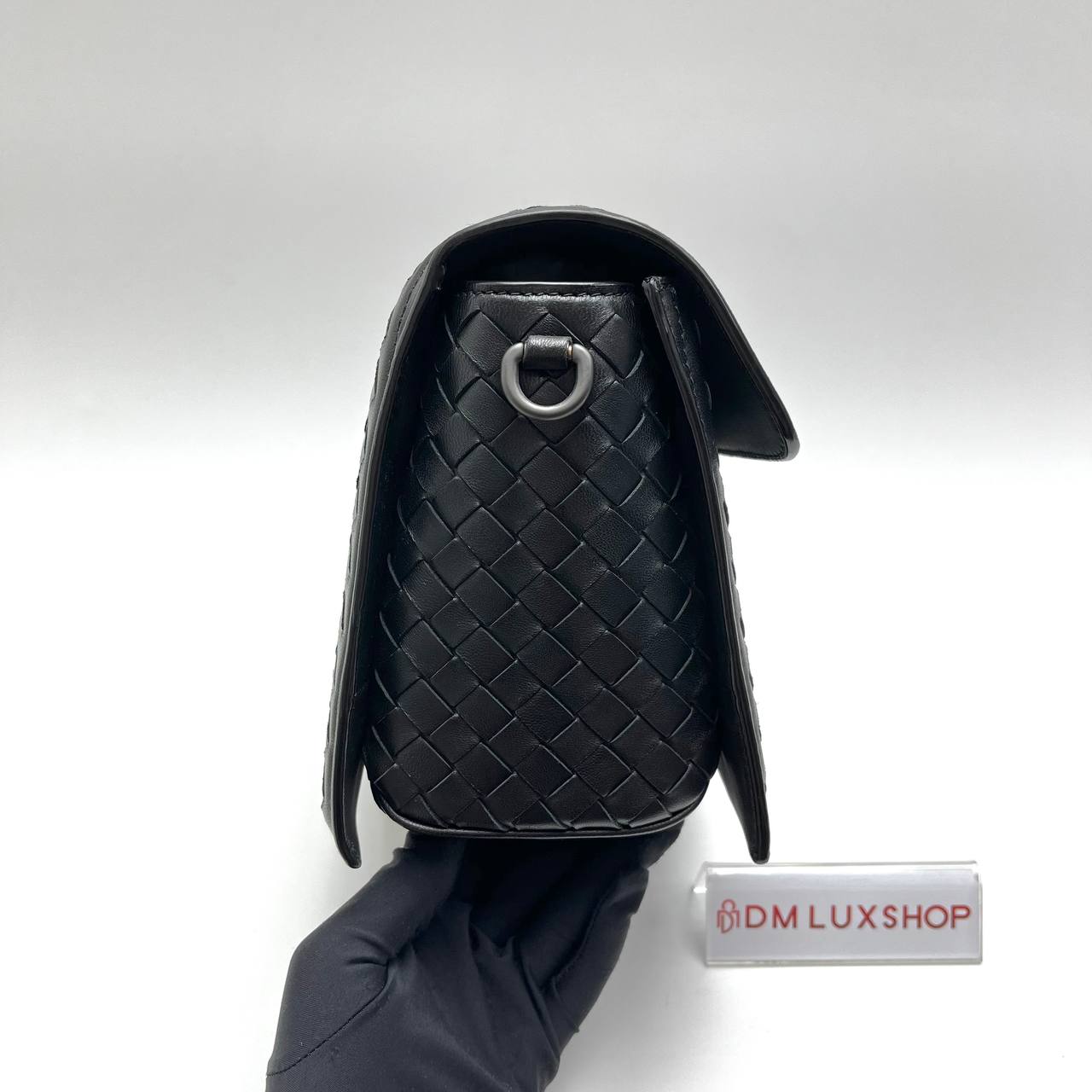 BV Black Intrecciato Padlock Flap Bag