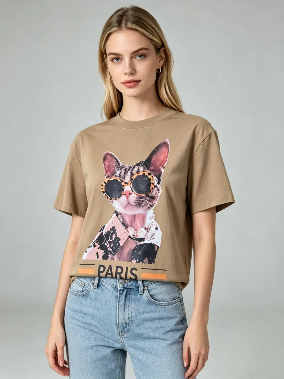 [訂購］M014 Leopard Sunglass Pearl Chic Cat Tee