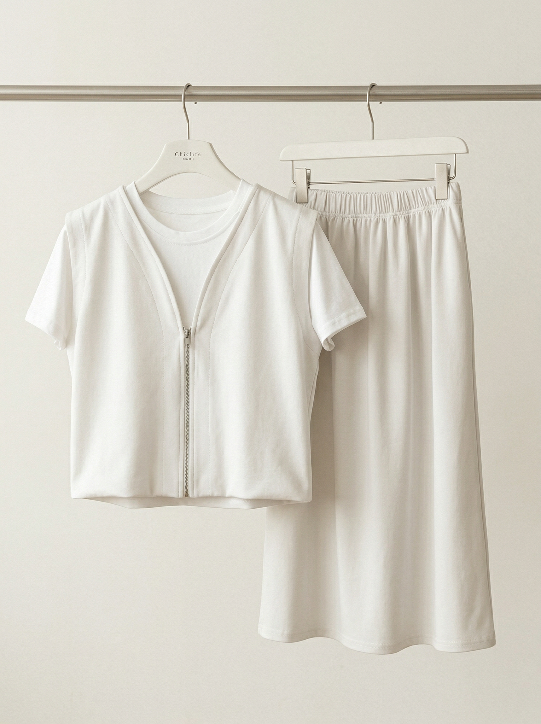 杏色V領拉鍊短袖上衣 + 鬆緊中長裙套裝