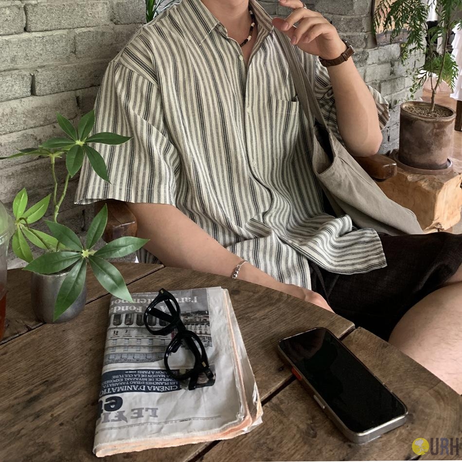 【100%保證韓國直送】Marel 輕量亞麻混紡復古細直條紋隨性微寬鬆短袖襯衫 👕 [2 color] RL115067