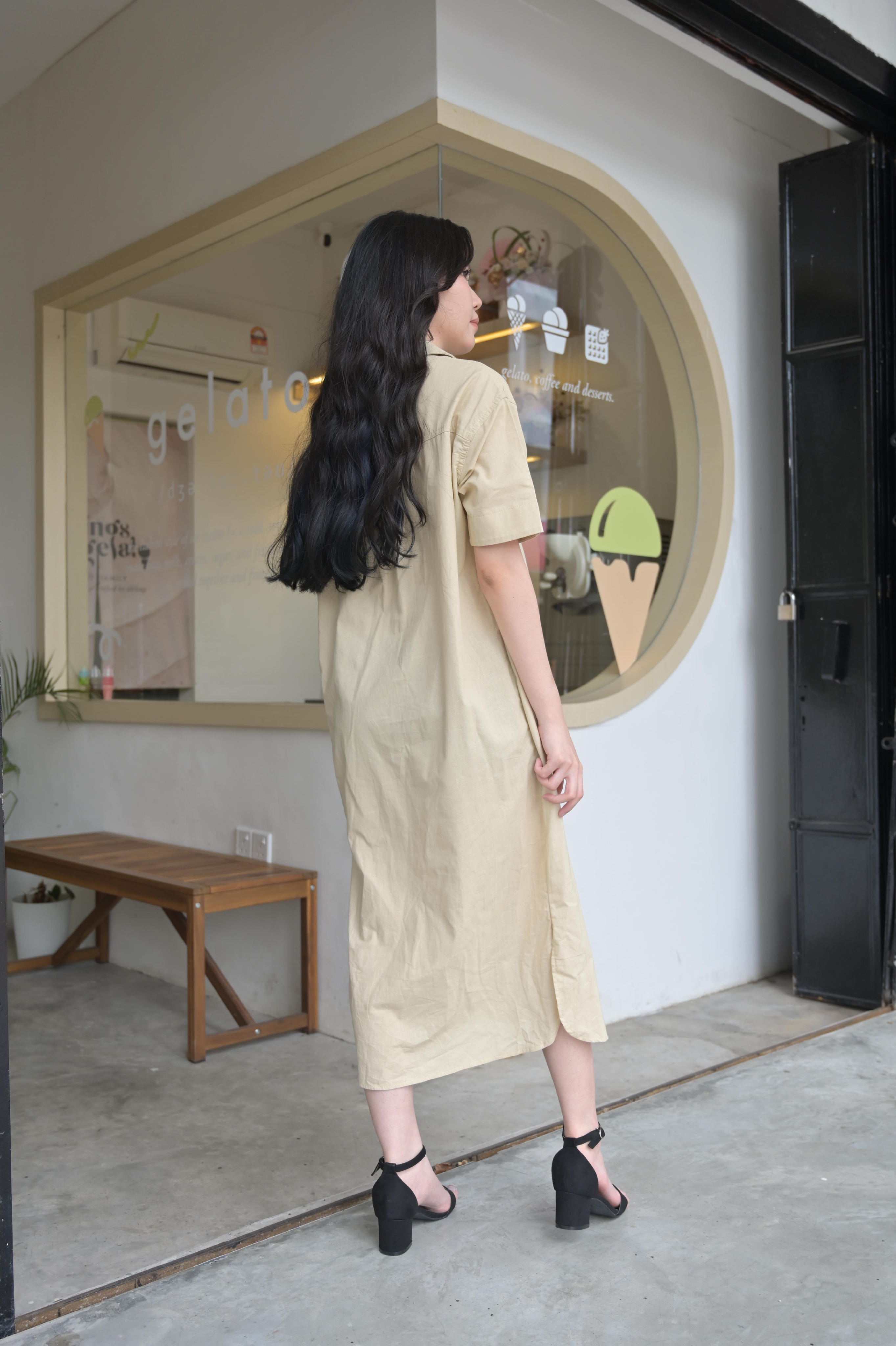 Relaxed Fit Cotton-Linen Shirt Dress with Full Button Front‖ 棉麻质感宽松排扣衬衫式连衣裙 KR029445