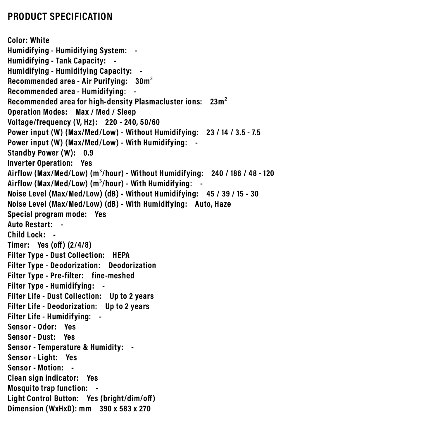 Sharp 30m³ Plasmacluster Air Purifier (FPJ40LW)