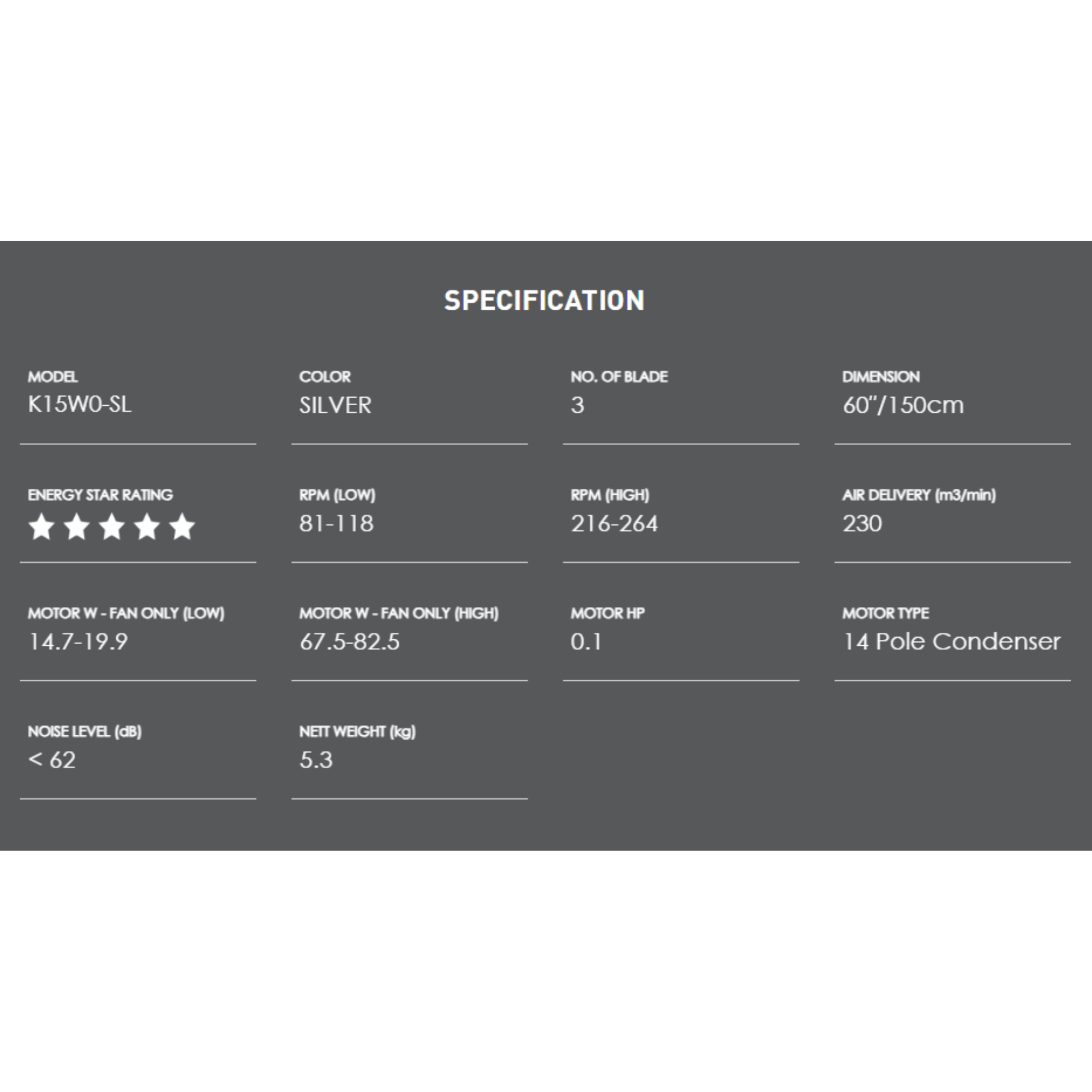 KDK 60" Ceiling Fan 3-Blade Regulator Silver (K15W0-SL)