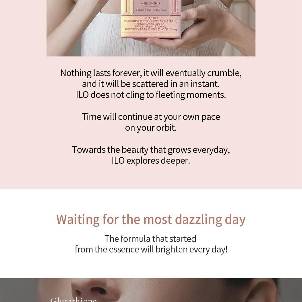 店主真心推介💕親身試過 🩷呢隻美白must try item 🧧🧧終於有貨啦🧧🧧大推ILO 穀胱甘肽亮白粉 30包/盒 之前ilo膠原飲超爆單🩷以家幫大家為夏天做足準備🩷味道好  之前飲咗膠原皮膚質素已經好咗d 💕之後心思思試埋呢隻美白粉 效果大癲 皮膚真係冇咗以前嗰啲暗沉☺️面色好左好多 見到d斑係淡左 重點 我啲手手腳腳好黃 我覺得真係白咗 🎊開心 所以依家推介俾大家 超方便 一條條 獨立包裝 韓妹美白既秘密🔥飲完一星期見效😱😱終於唔洗涯痛去打斑, 唔洗做機都有效果👍🏻👍🏻美白淡斑一剔過✅要靚不是夢,只要你行動😊🔥一個星期即刻有效,肌膚會發光🔥當肌膚受到紫外線照射時，為了保護自己會啟動黑色素生成，導致肌膚顏色加深；這個過程中，透過穀胱甘肽與維他命C、E這些體內抗氧化成分的抑制作用，可防止黑色素的產生，達成美白效果。產品特點 : 🥰ILO 深入探索每日綻放的美麗。🥰配方源自於精華，讓您每天都充滿期待。🥰穀胱甘肽是由半胱氨酸、谷氨酸和甘氨酸組成的物質，體內天然合成的量會隨著時間的推移而減少。產品規格：30包/1盒, 4g/1包食用方法：每日1次，每次1包成份：穀胱甘肽、維他命C、維他命E、白番茄萃取物生產地：韓國