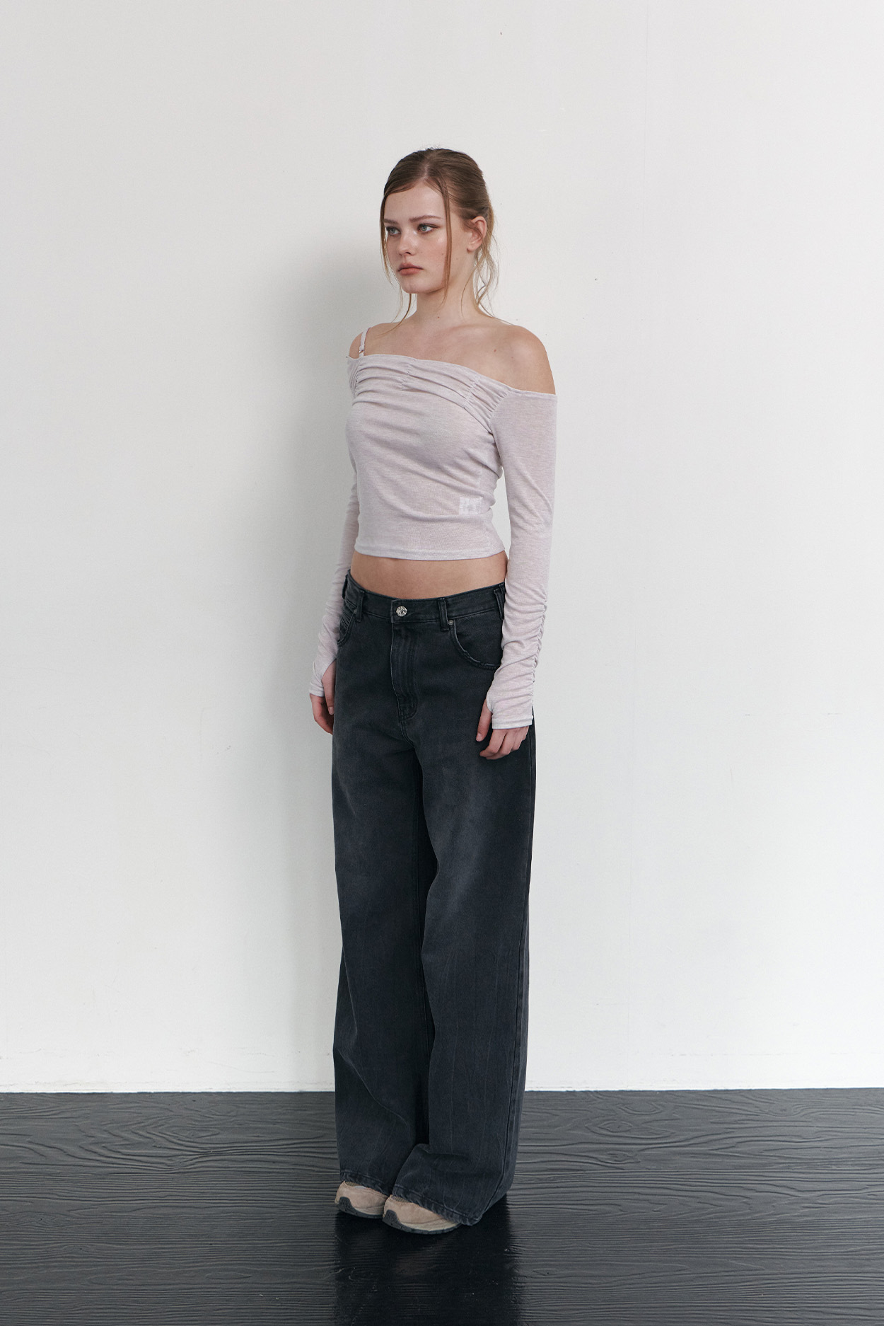 pleaseNOFOLLOW - Halo Unbal Shirring Long Sleeve Top (Dusty Pink)