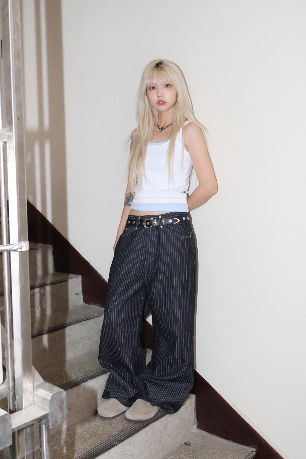 Studded Stripe Wide Denim Pants