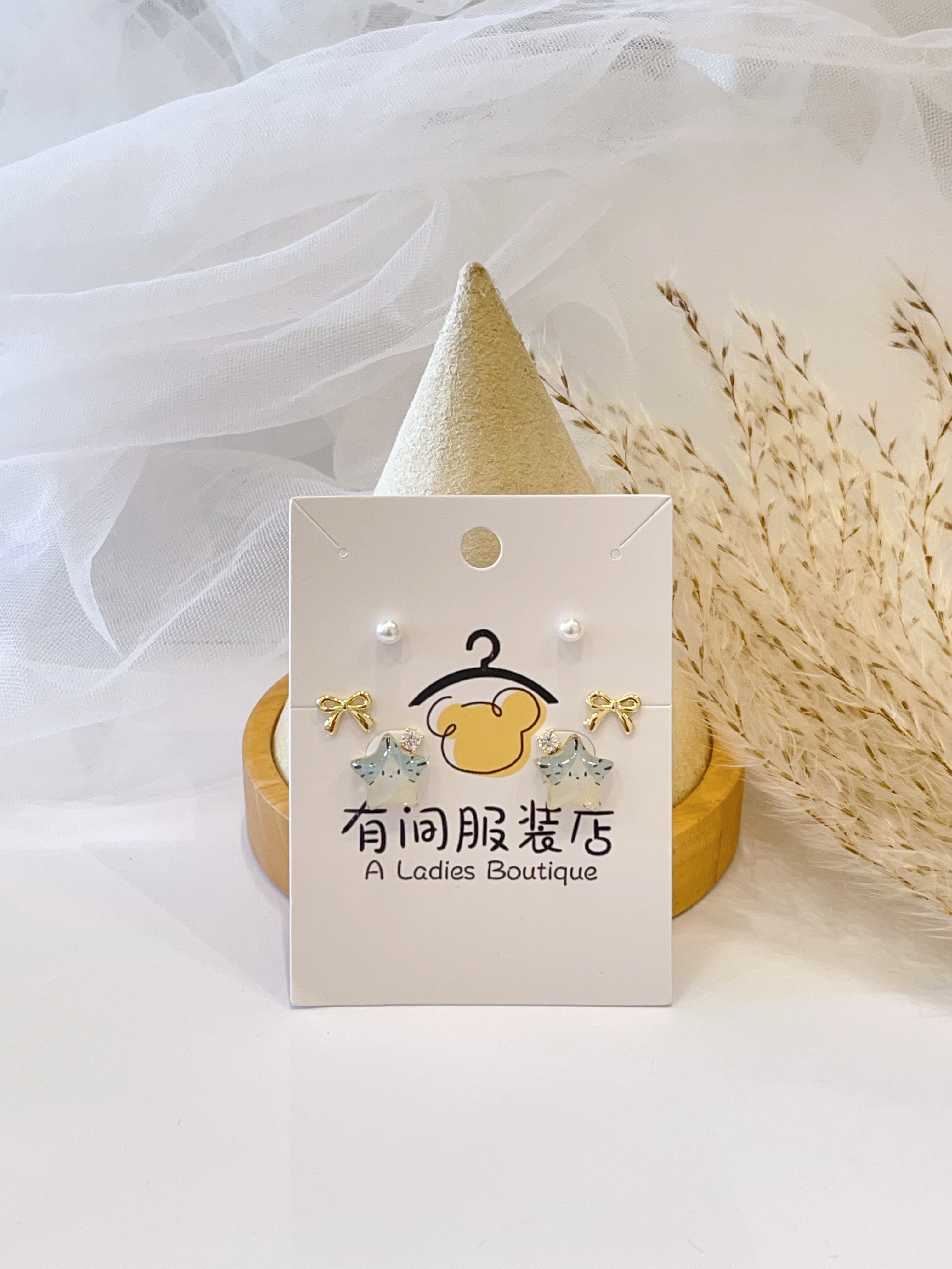 树脂星星猫咪蝴蝶结耳环套装