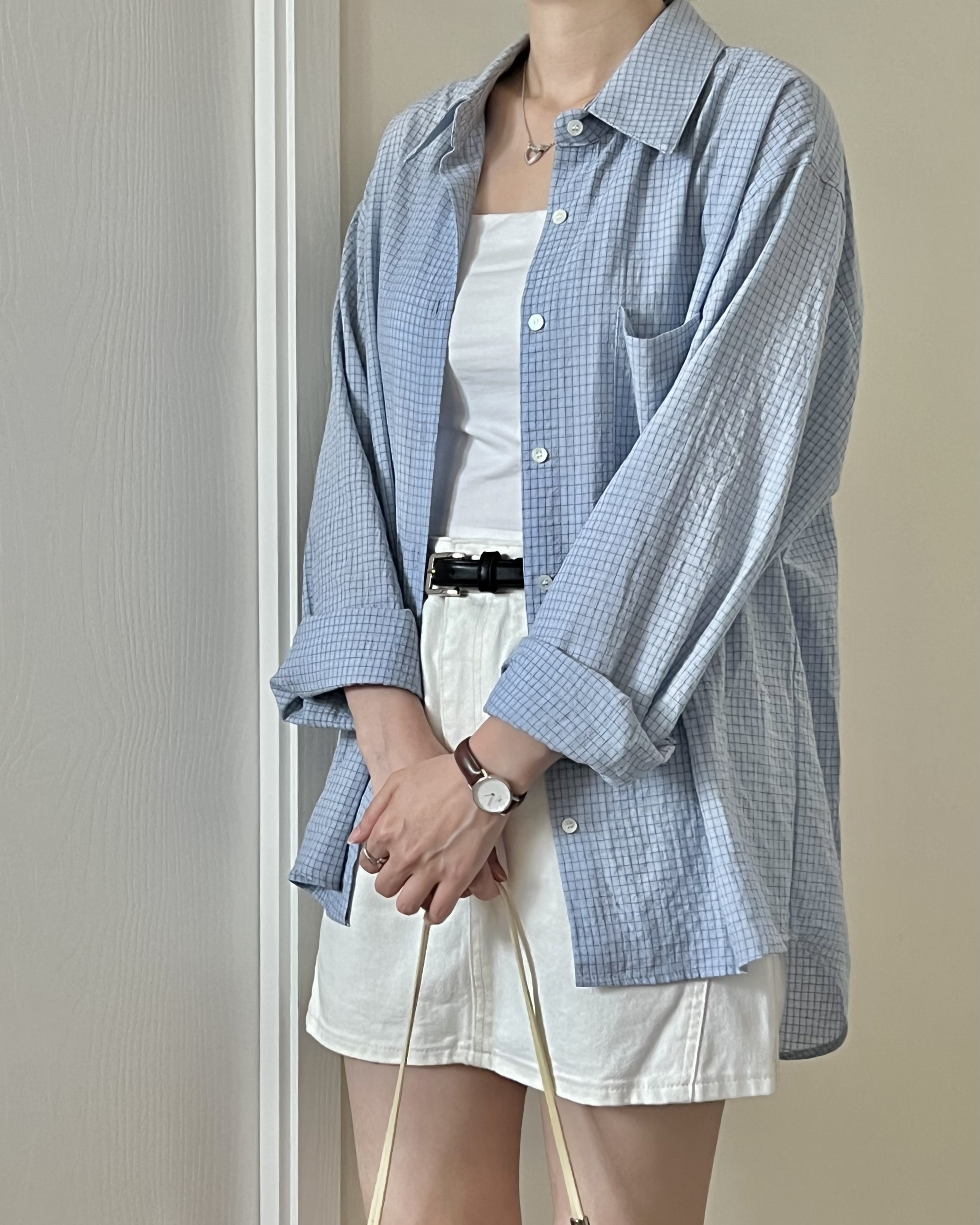 韓風細格紋薄恤衫 