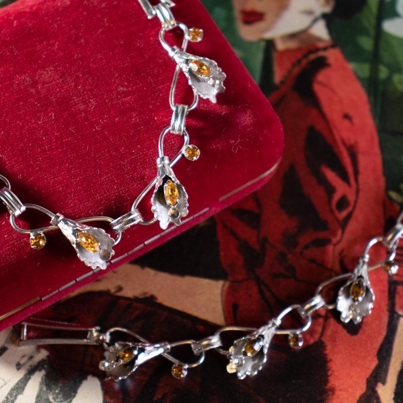C.a. 1950-60s Canadian Bond Boyd Sterling Silver Calla Lily with Yellow Stone Bracelet & Necklace Set(MT252)