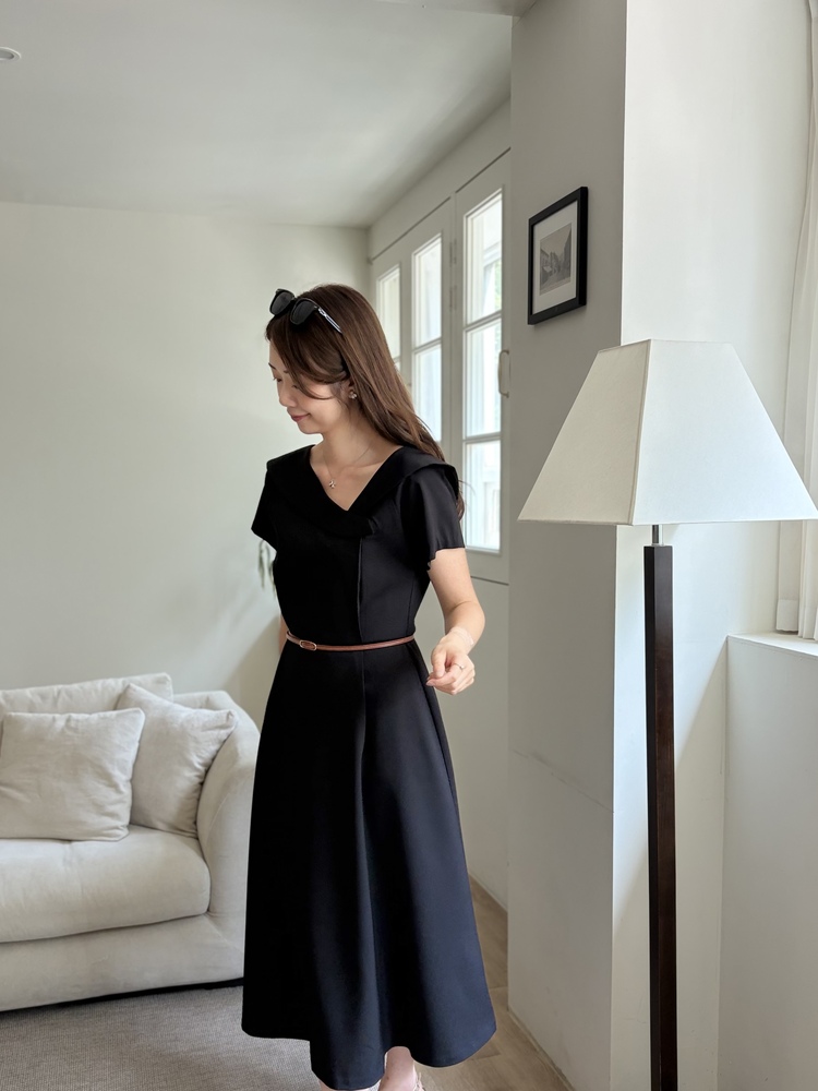 Sailor Collar Belted Dress (Black)
