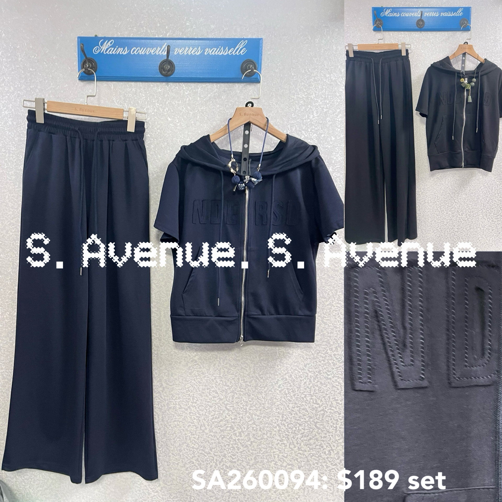 SA260084: 短袖有帽英文字拉錬外套配休閑褲套裝